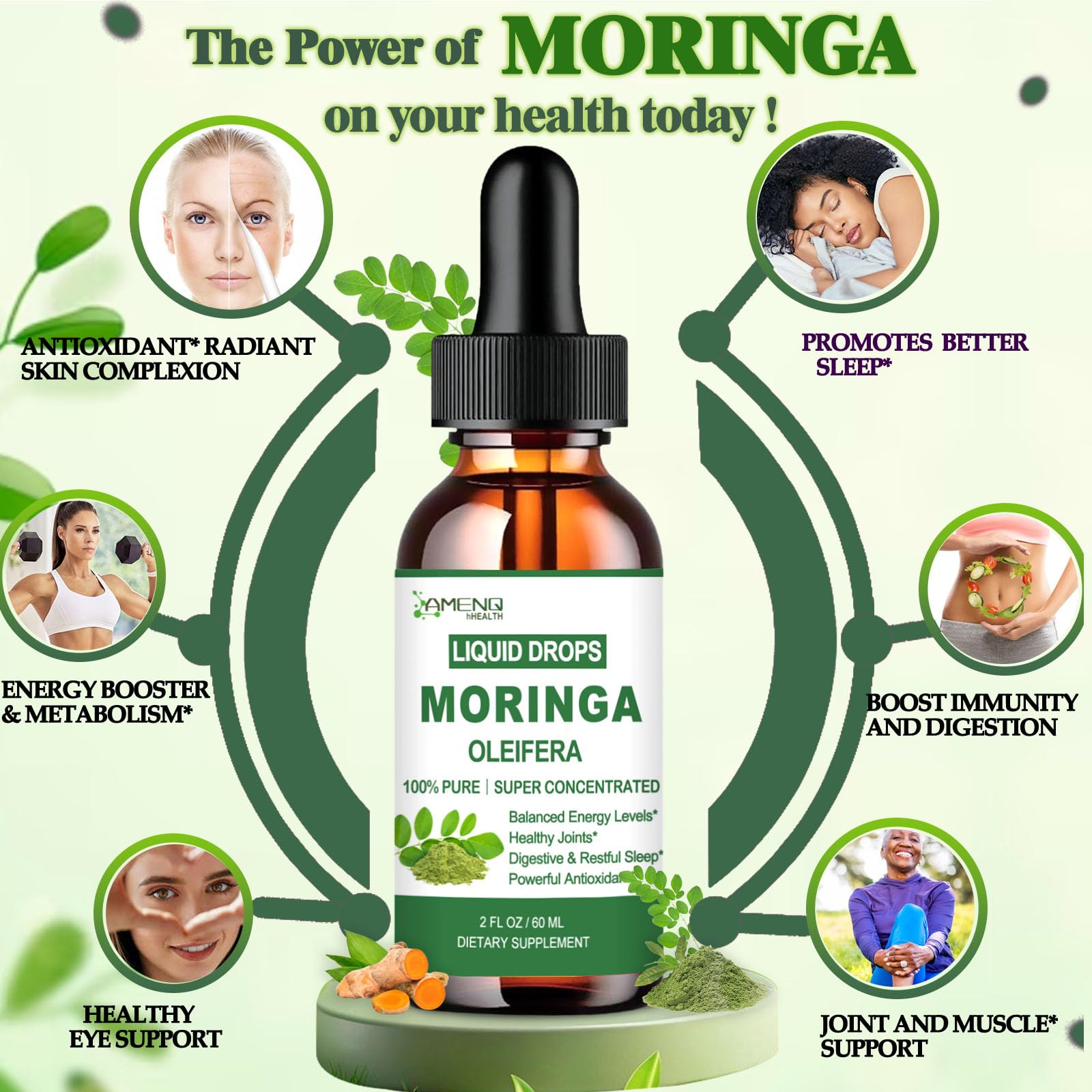 AMENQ hHEALTH gotas de moringa vertidas en batido saludable, fácil mezcla