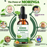 AMENQ hHEALTH gotas de moringa vertidas en batido saludable, fácil mezcla