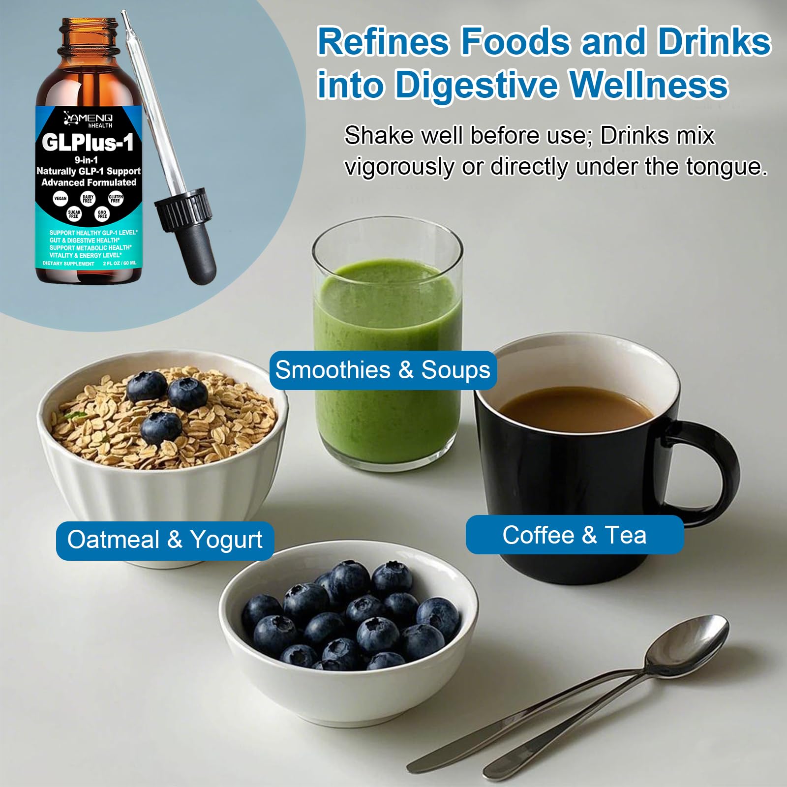 AMENQ hHEALTH producto sobre mesa junto a rutina matinal saludable