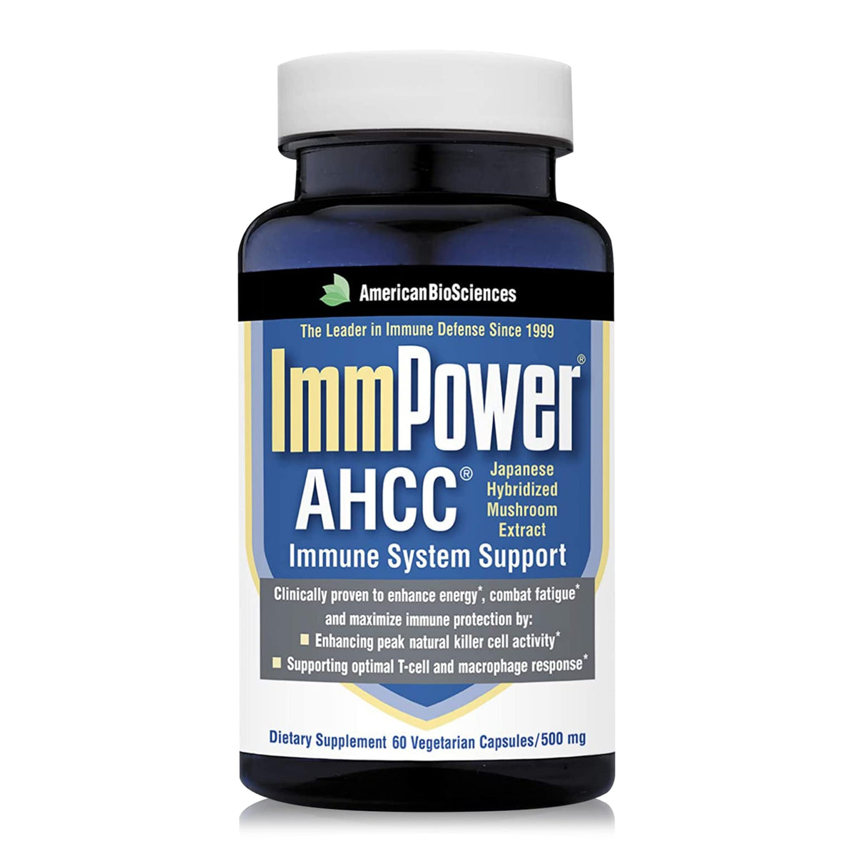 American BioSciences ImmPower frasco frontal mostrando cápsulas y beneficio de apoyo inmune