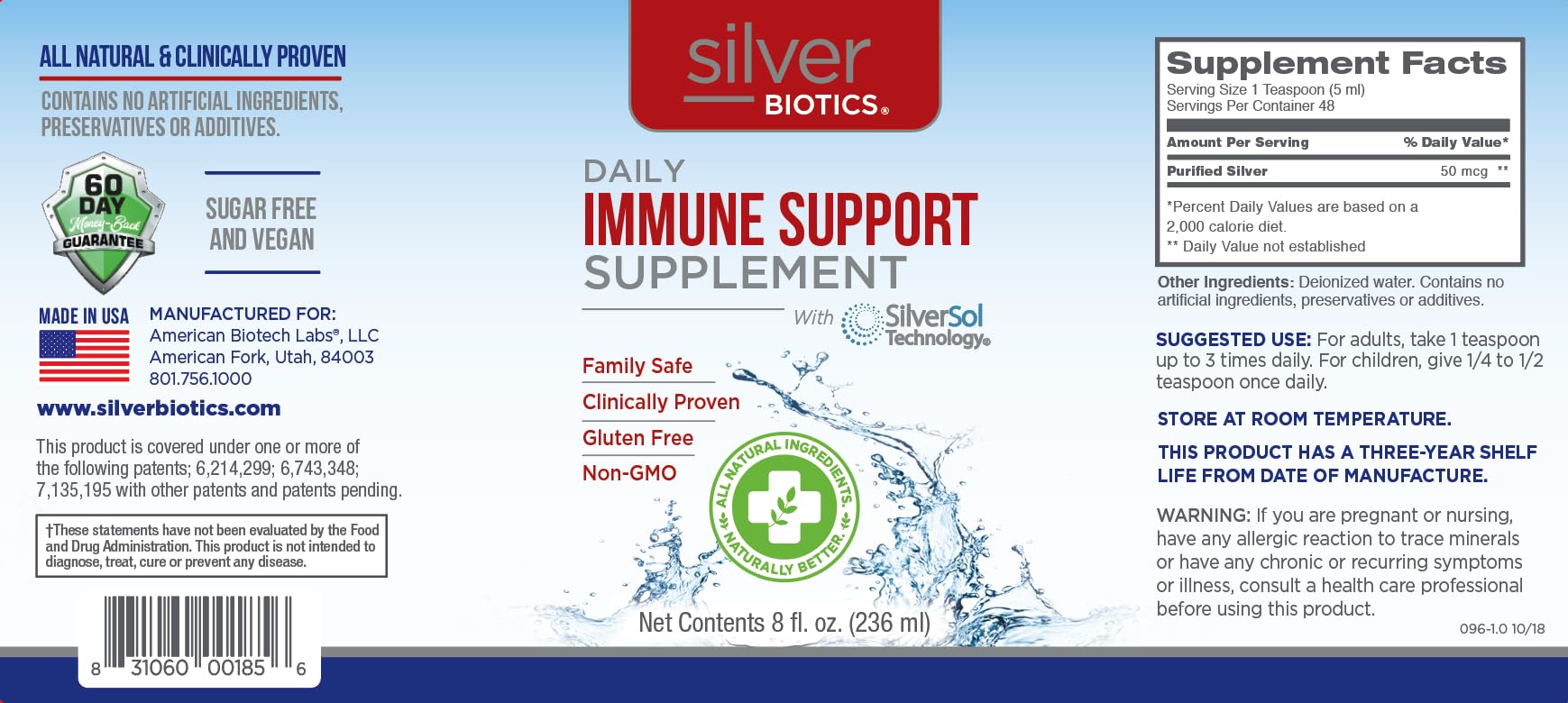 American Biotech Labs SilverBiotics botella 8 oz resaltando tamaño práctico diario