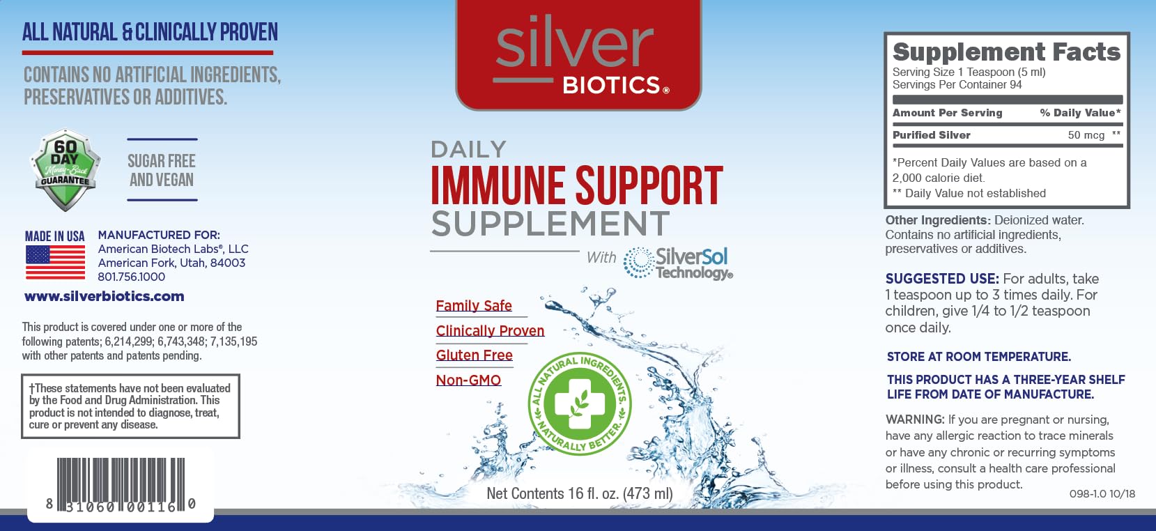 American Biotech Labs comparación de tamaño SilverBiotics junto a objetos domésticos