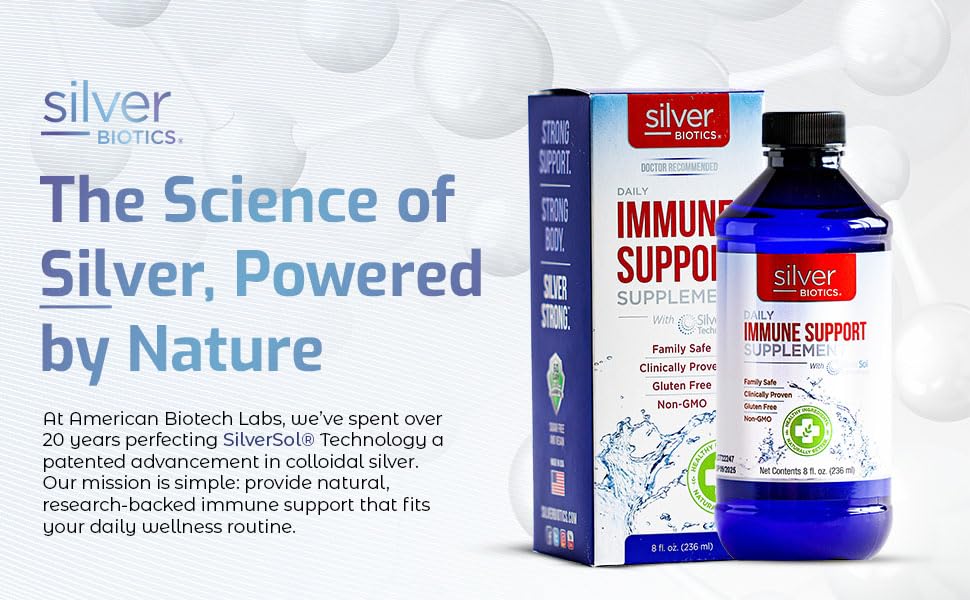 American Biotech Labs SilverBiotics botella en mano para percepción de escala útil