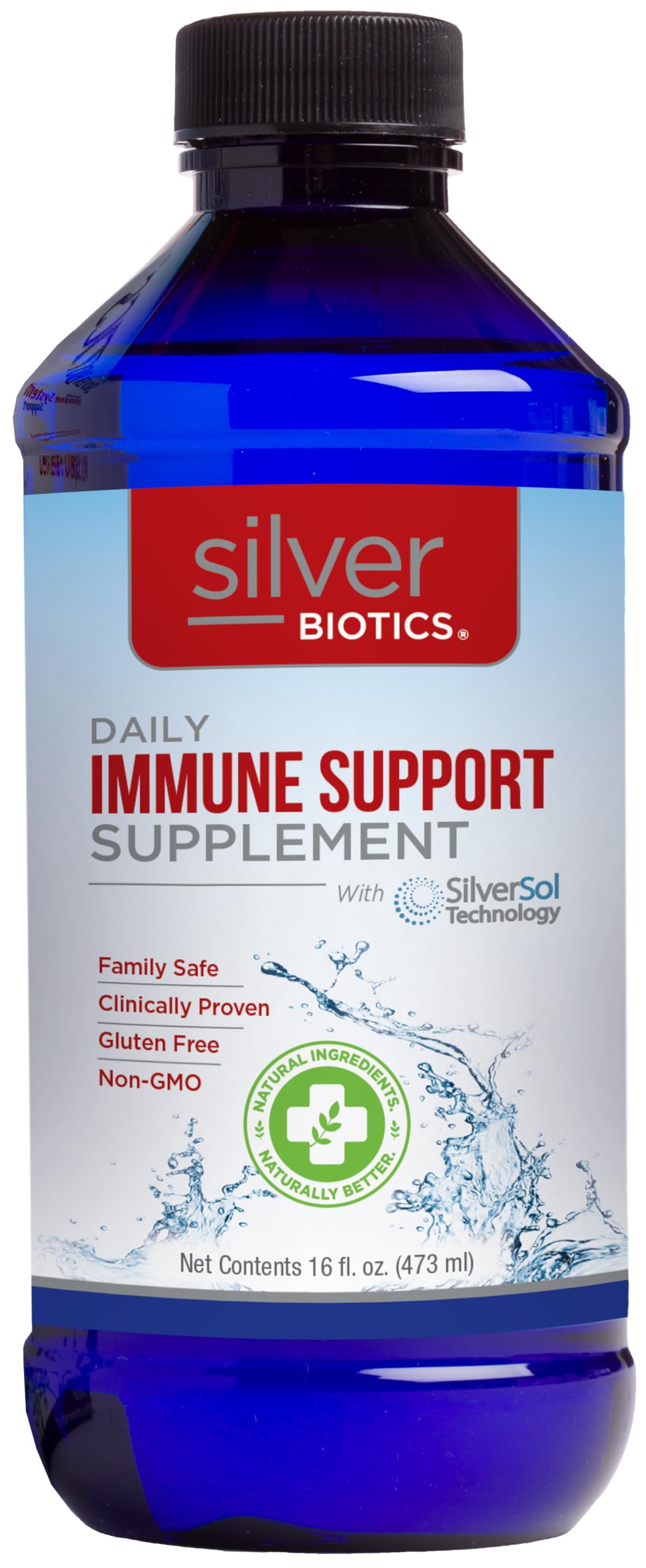 American Biotech Labs botella SilverBiotics frente mostrando marca y beneficio
