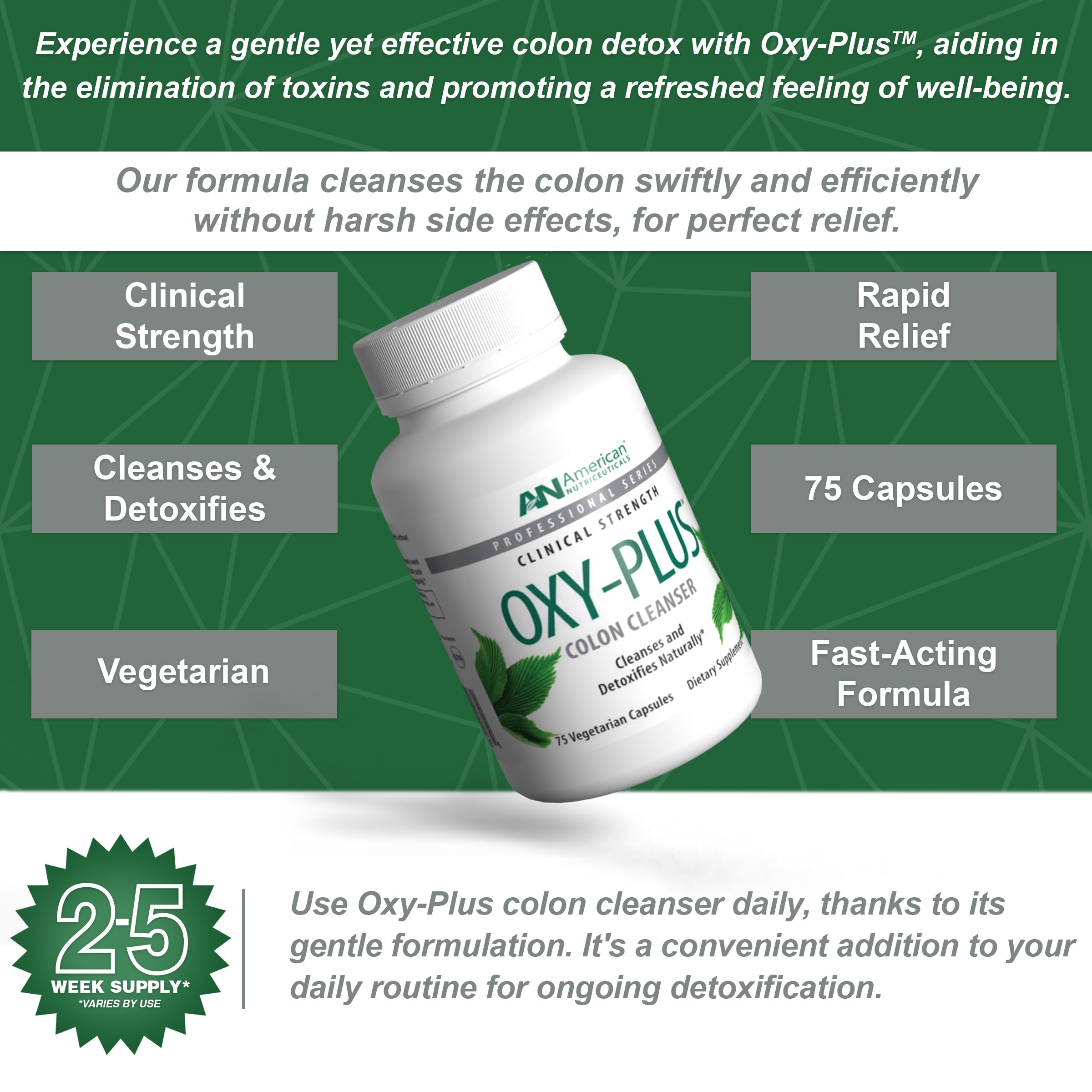 American Nutriceuticals Oxy-Plus junto a regla para comparar tamaño y cantidad de cápsulas