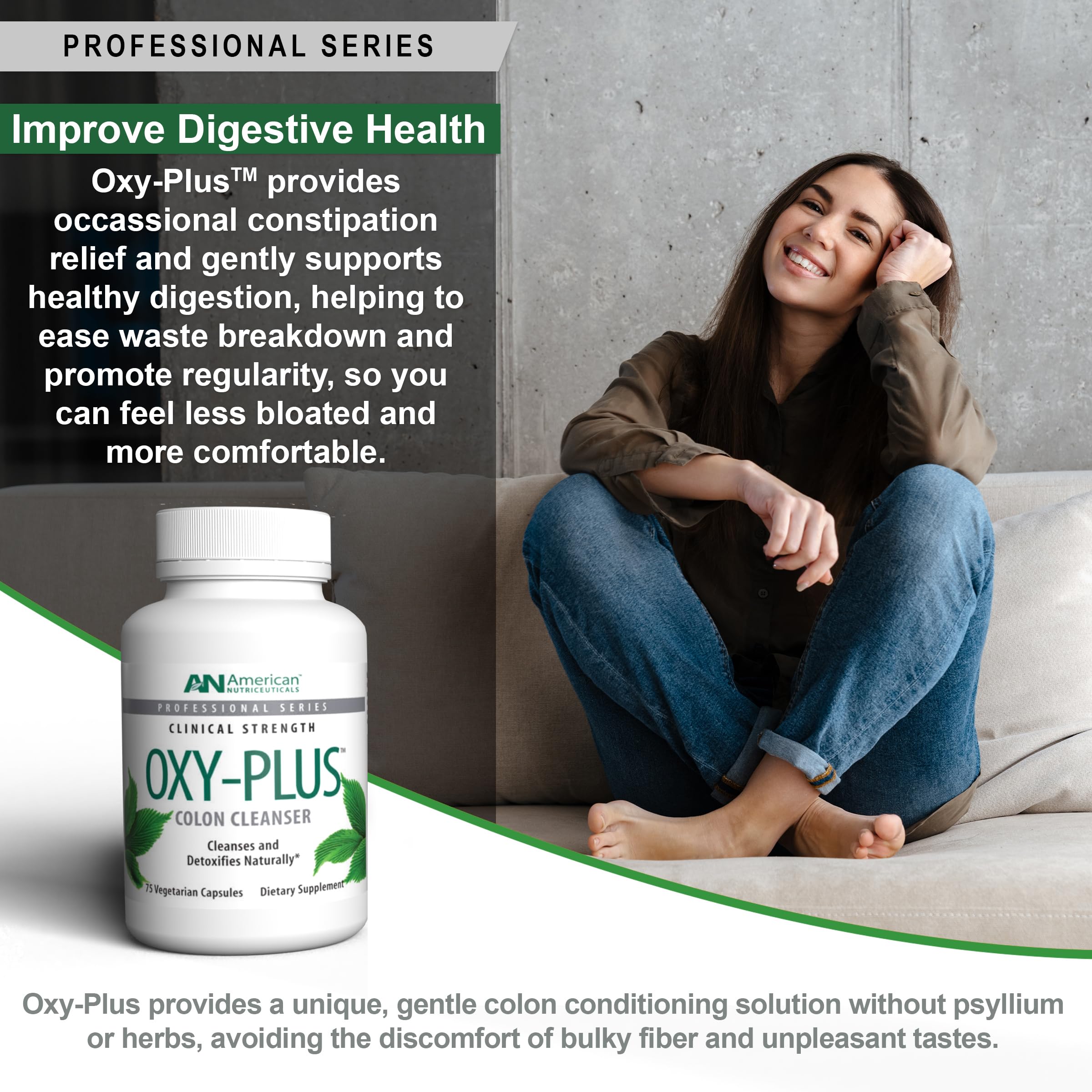 American Nutriceuticals Oxy-Plus en baño junto a toalla, sugiere integración en rutina de bienestar