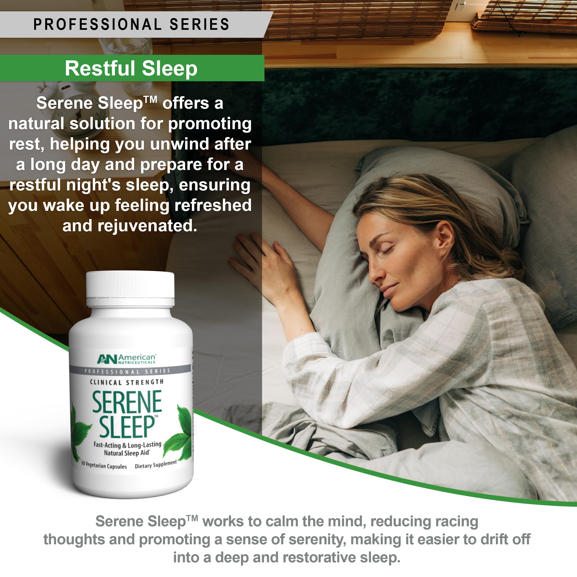 American Nutriceuticals envase junto a lámpara tenue que sugiere uso nocturno relajante