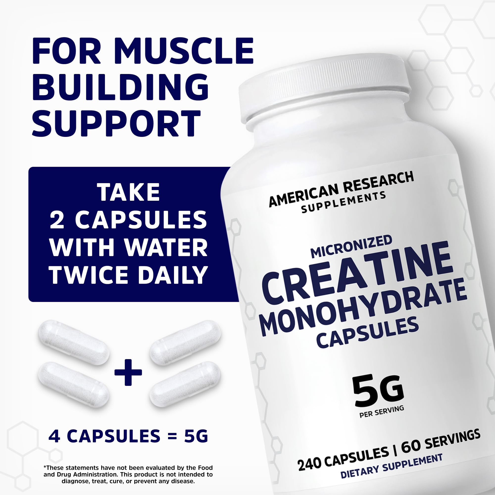 American Research Supplements frasco abierto mostrando 240 cápsulas, beneficio de suministro prolongado