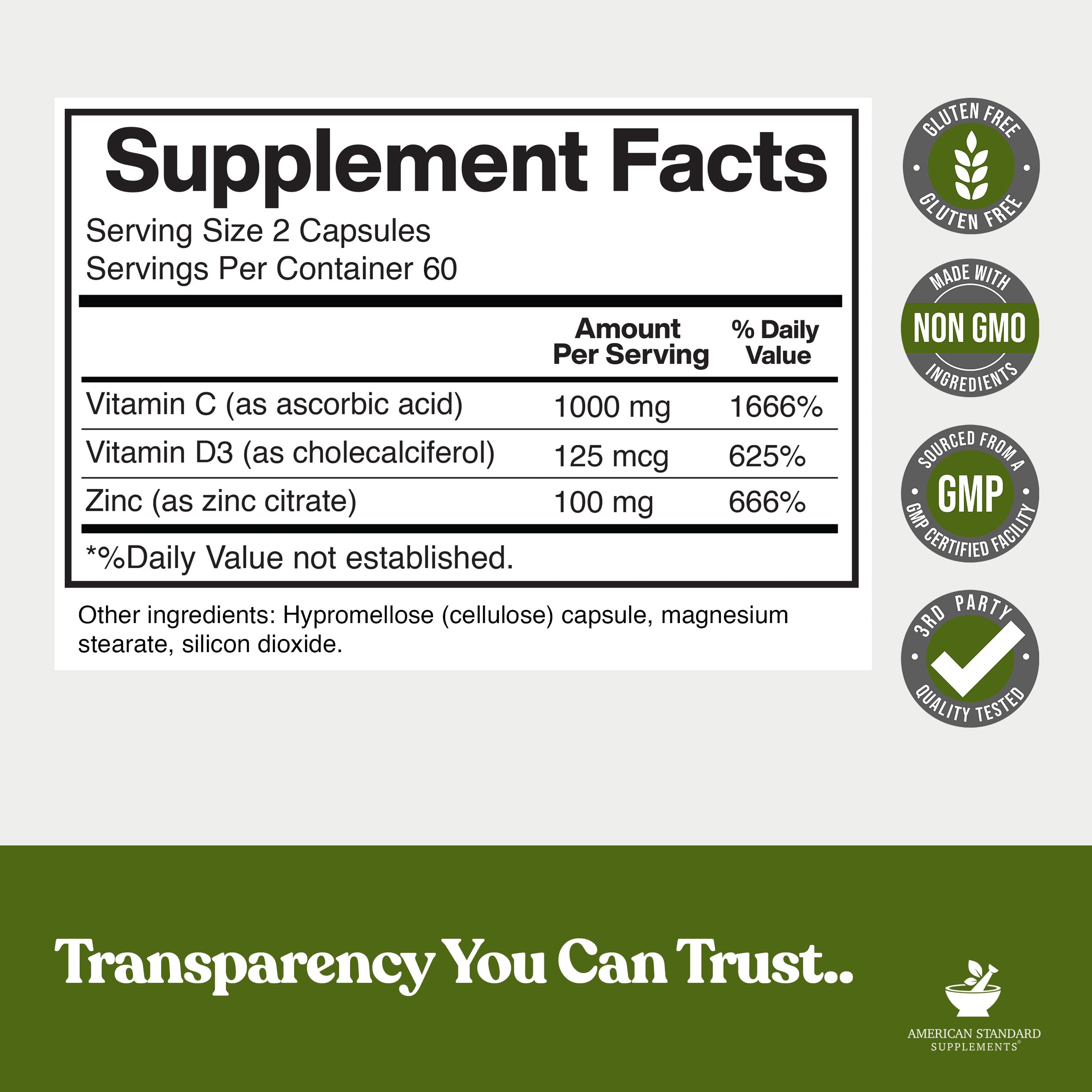 American Standard Supplements dos cápsulas en mano para demostrar conveniencia diaria