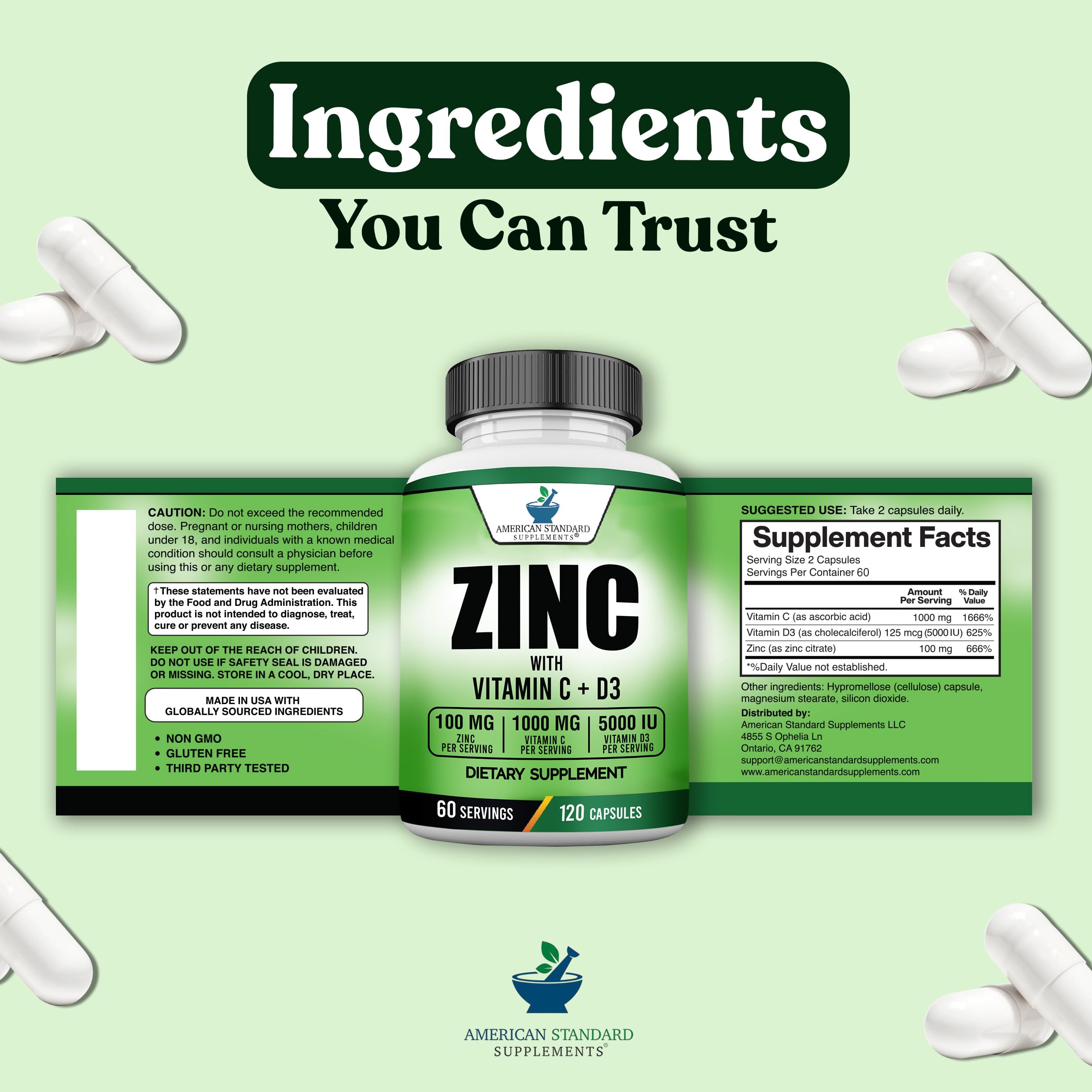 American Standard Supplements empaque con información nutricional y sellos
