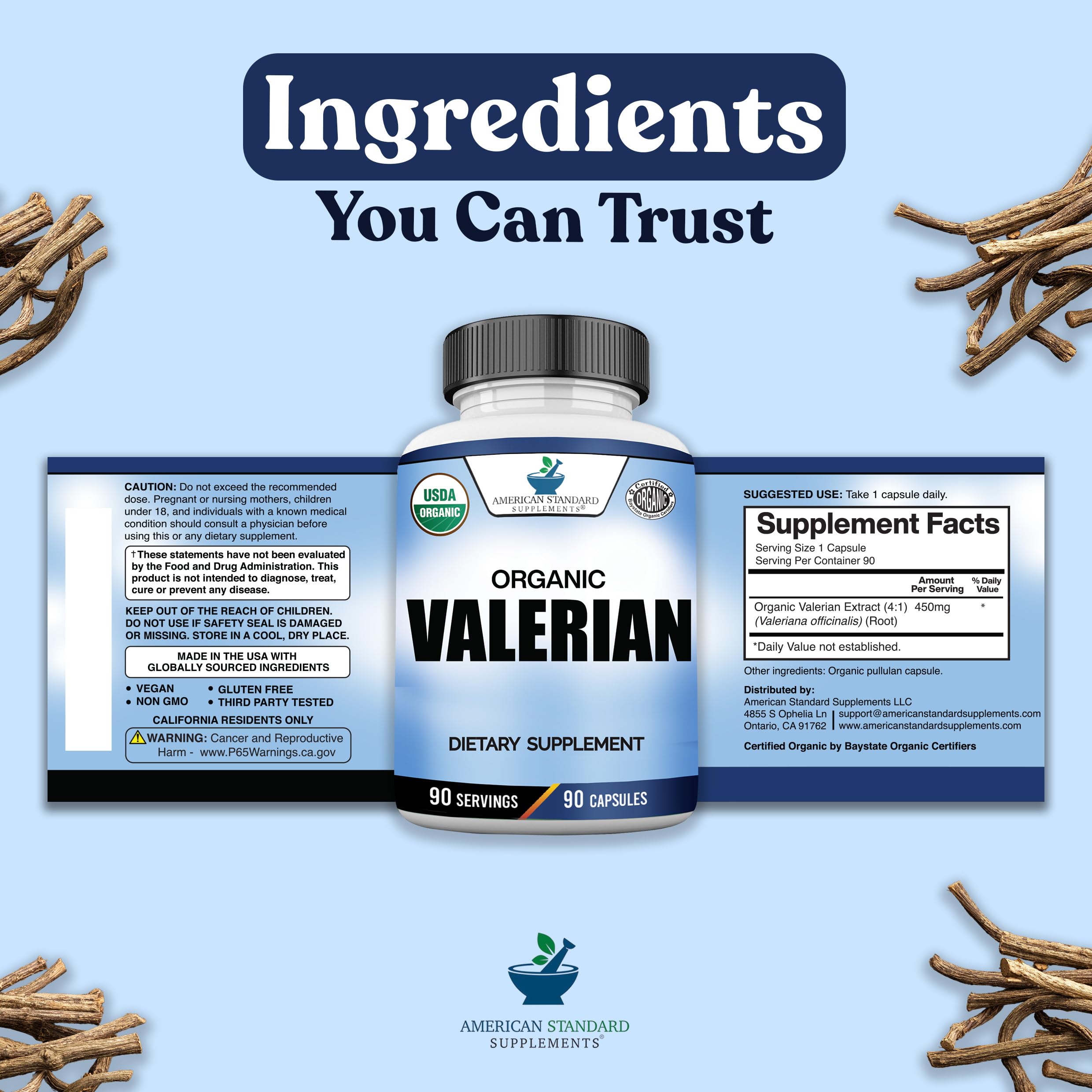 American Standard Supplements frasco sobre mesa con plantas para transmitir origen natural