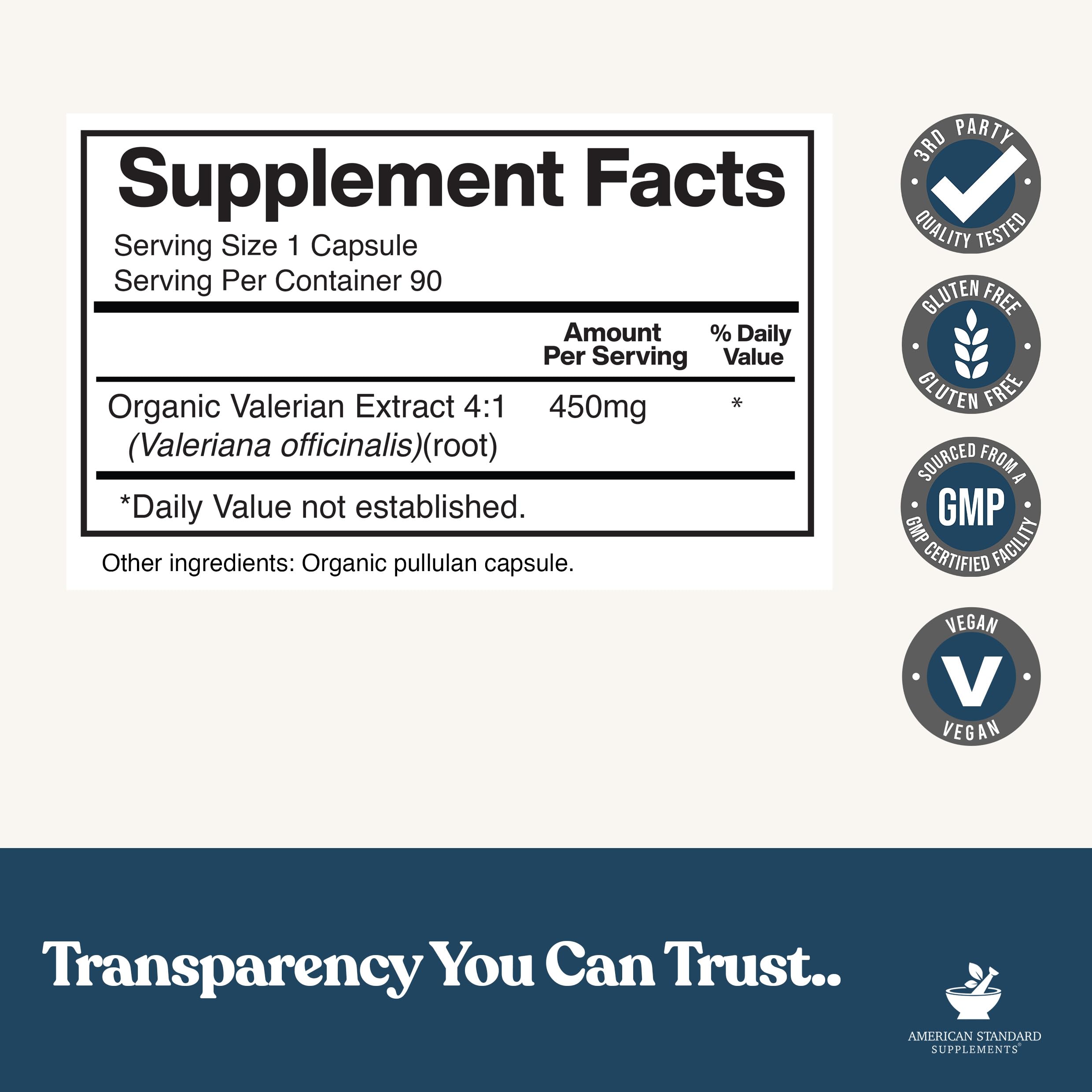 American Standard Supplements raíz de valeriana seca en detalle que revela origen natural