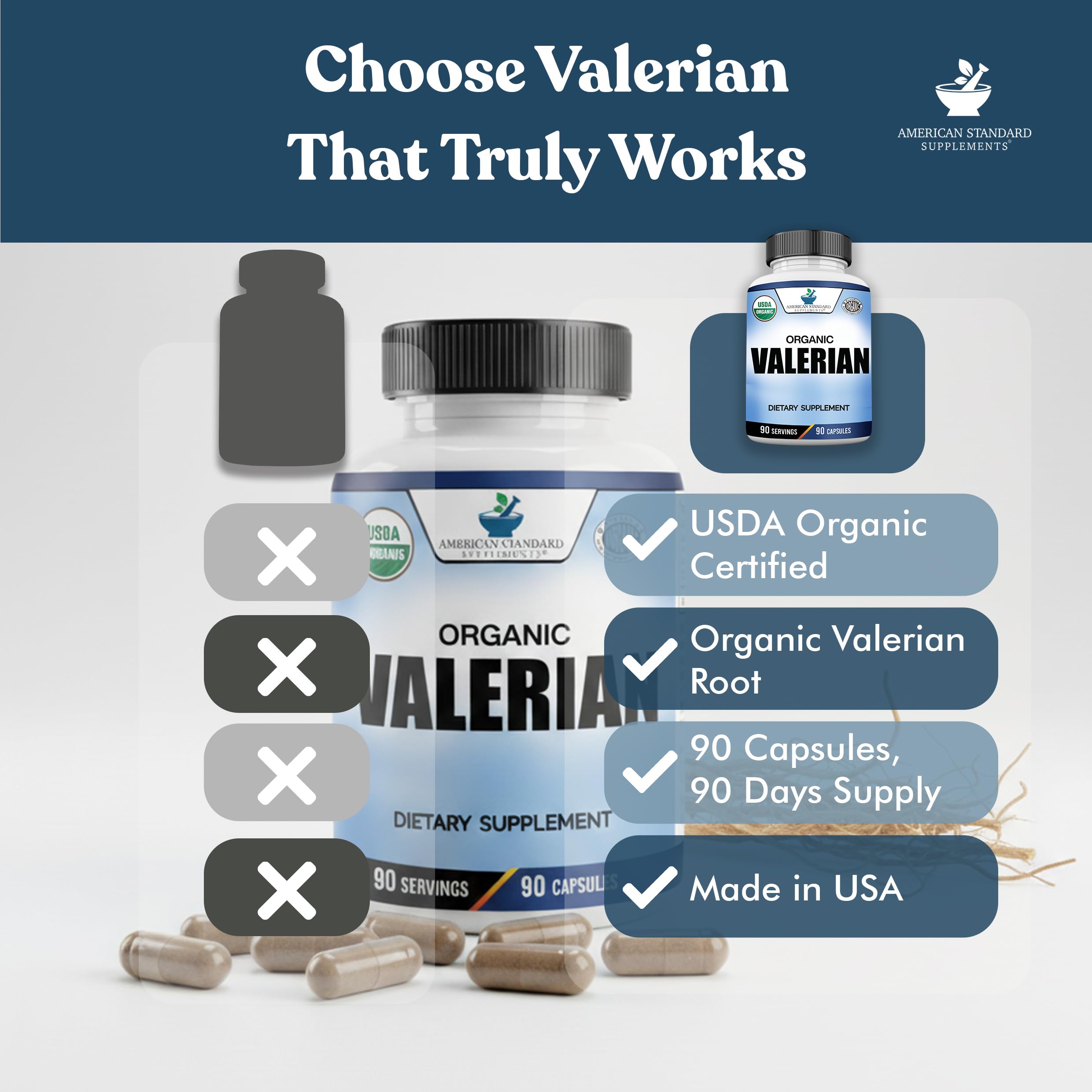 American Standard Supplements cápsula junto a mano indicando tamaño y práctica dosificación