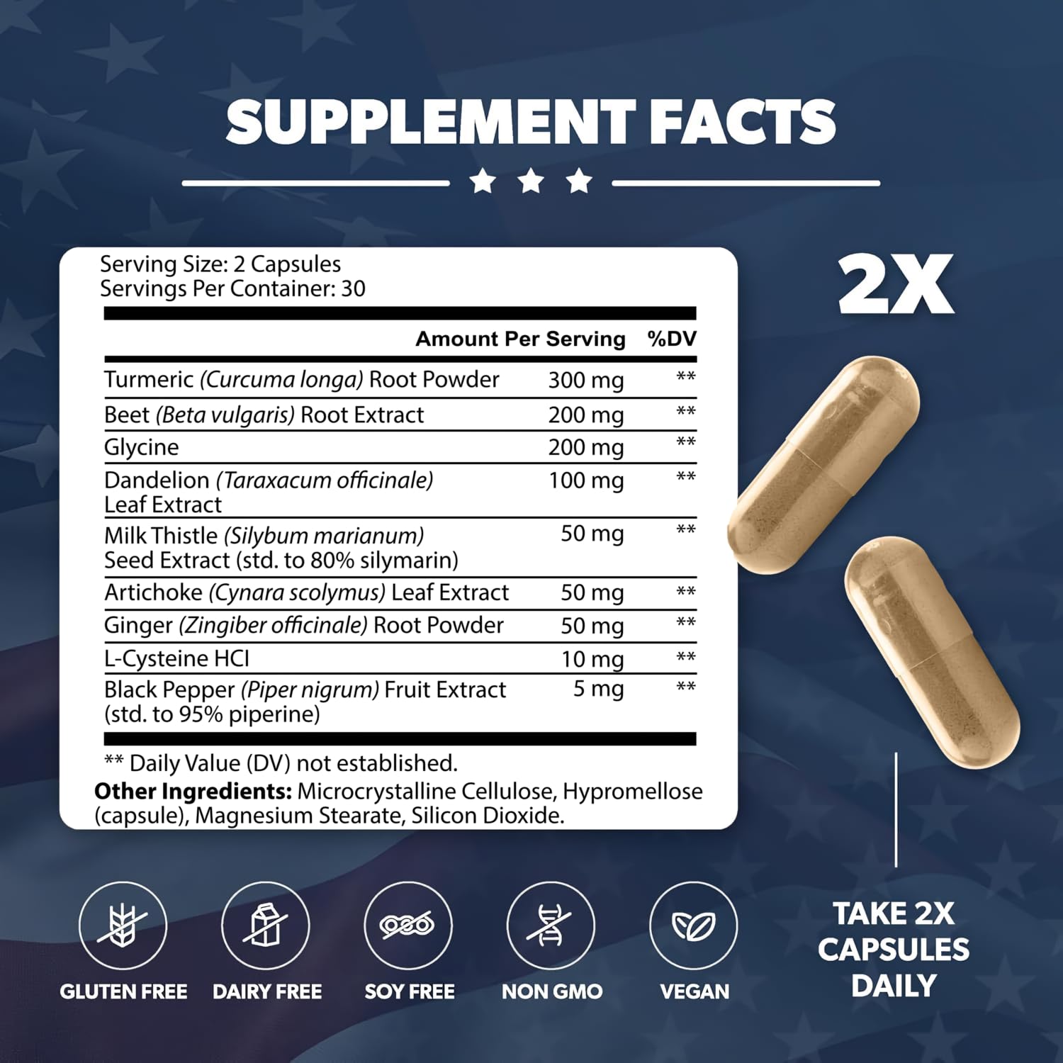 AMERICAN VITALITY detalle de etiqueta mostrando ingredientes clave y certificaciones