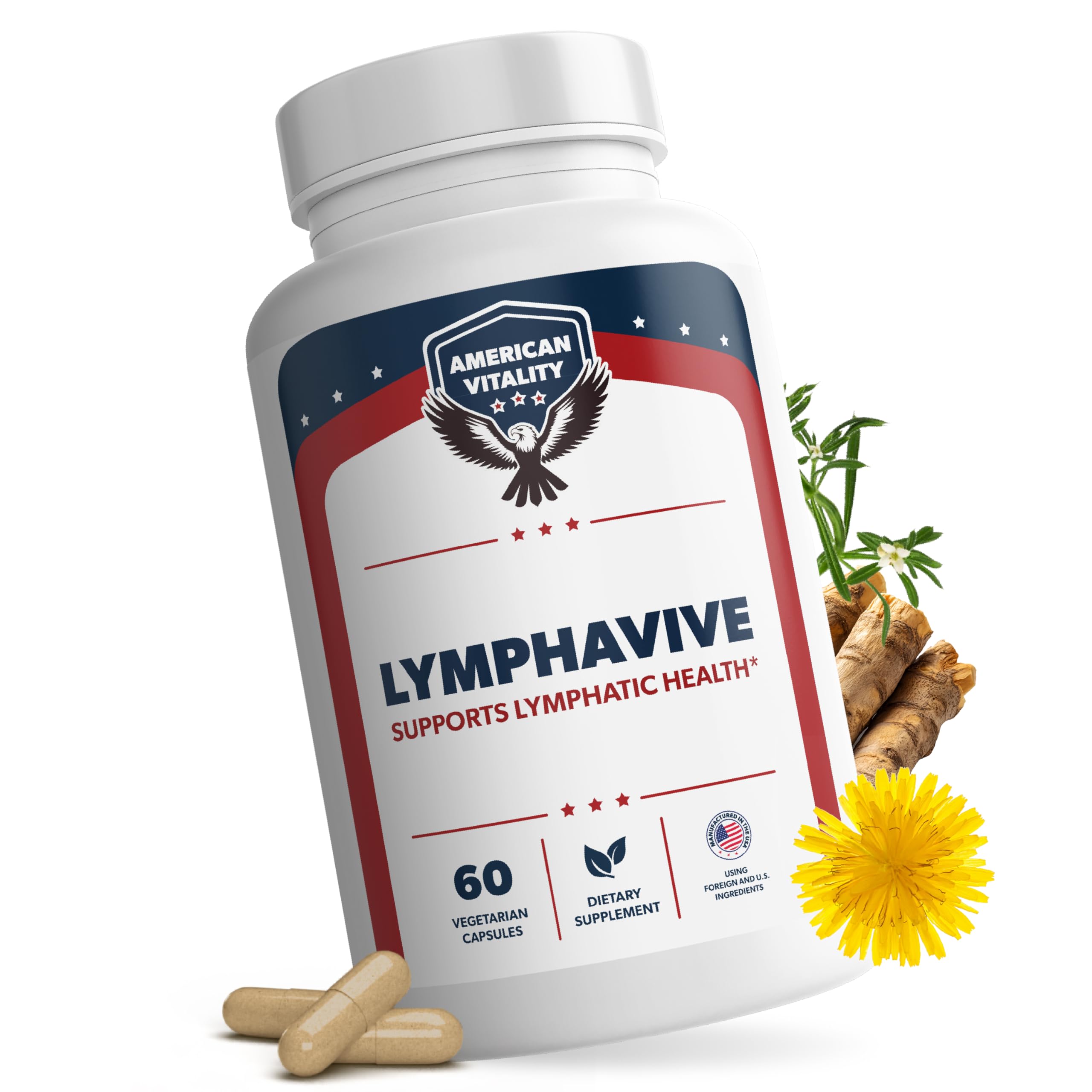 AMERICAN VITALITY frasco LymphaVive al frente mostrando diseño y beneficios