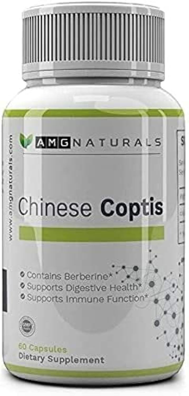 AMG Naturals frasco de Coptis chinensis mostrando empaque claro y ventajas de pureza