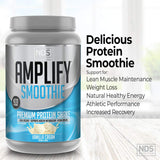 AMPLIFY detalle de proteínas en polvo que destaca la mezcla de whey y huevo para recuperación