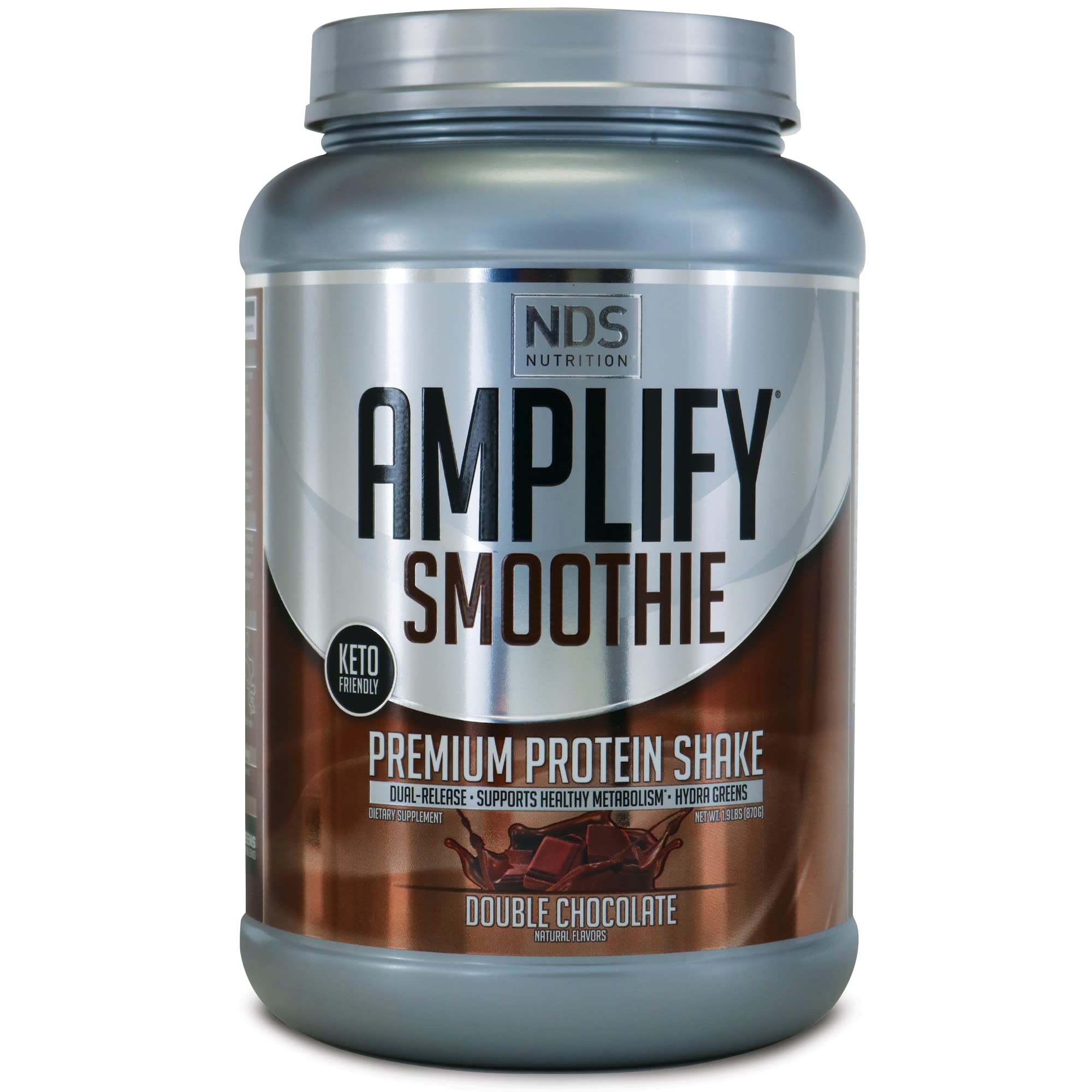 AMPLIFY envase frontal doble chocolate destaca sabor y porciones, beneficios prácticos