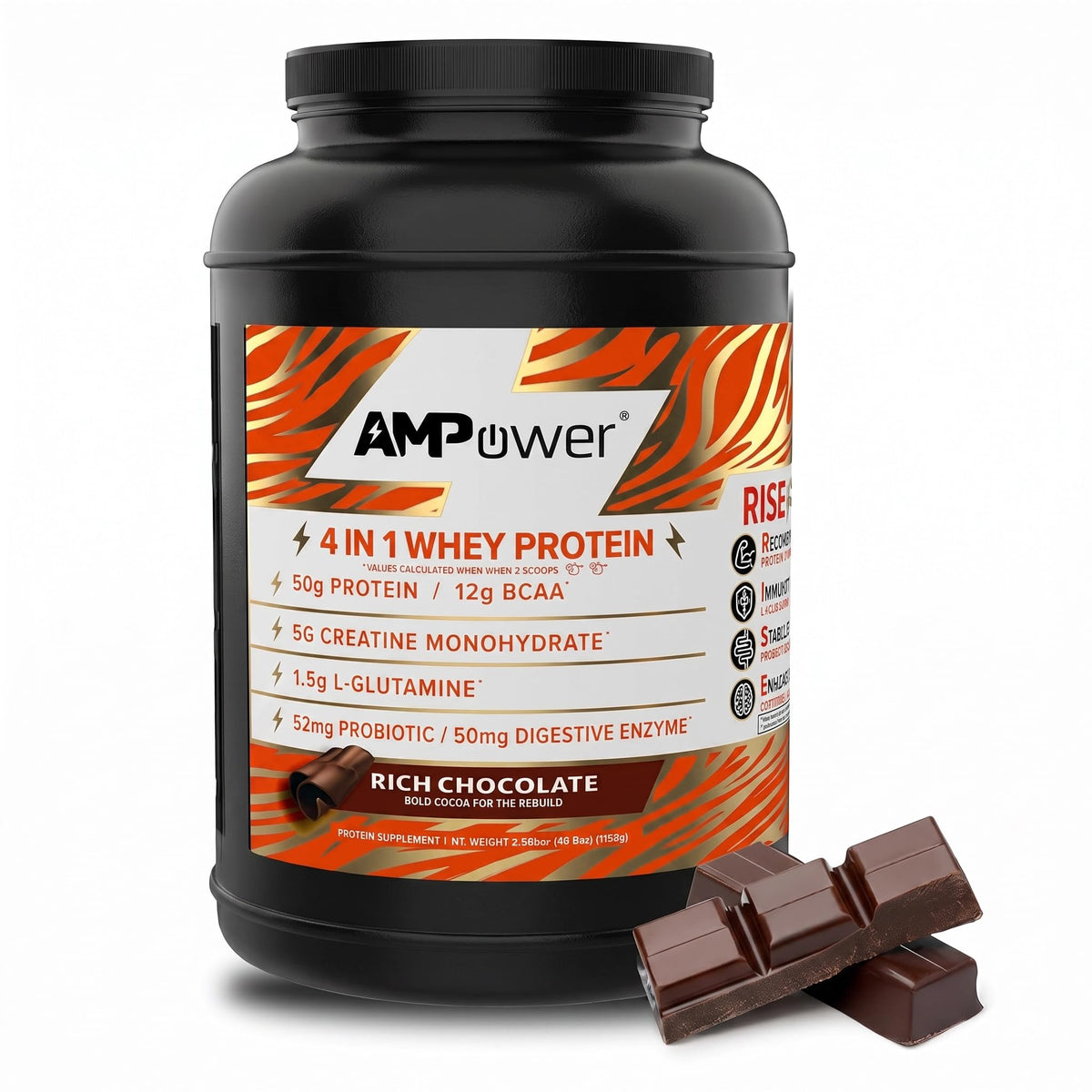 AMPOWER envase frontal Rich Chocolate mostrando diseño y beneficios clave