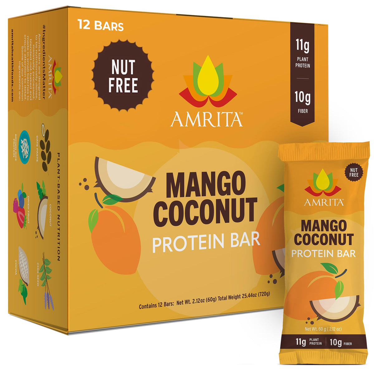 Amrita frente del empaque mango coco mostrando diseño y beneficios