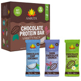 Amrita empaque frontal mostrando variedad de sabores y beneficios proteicos