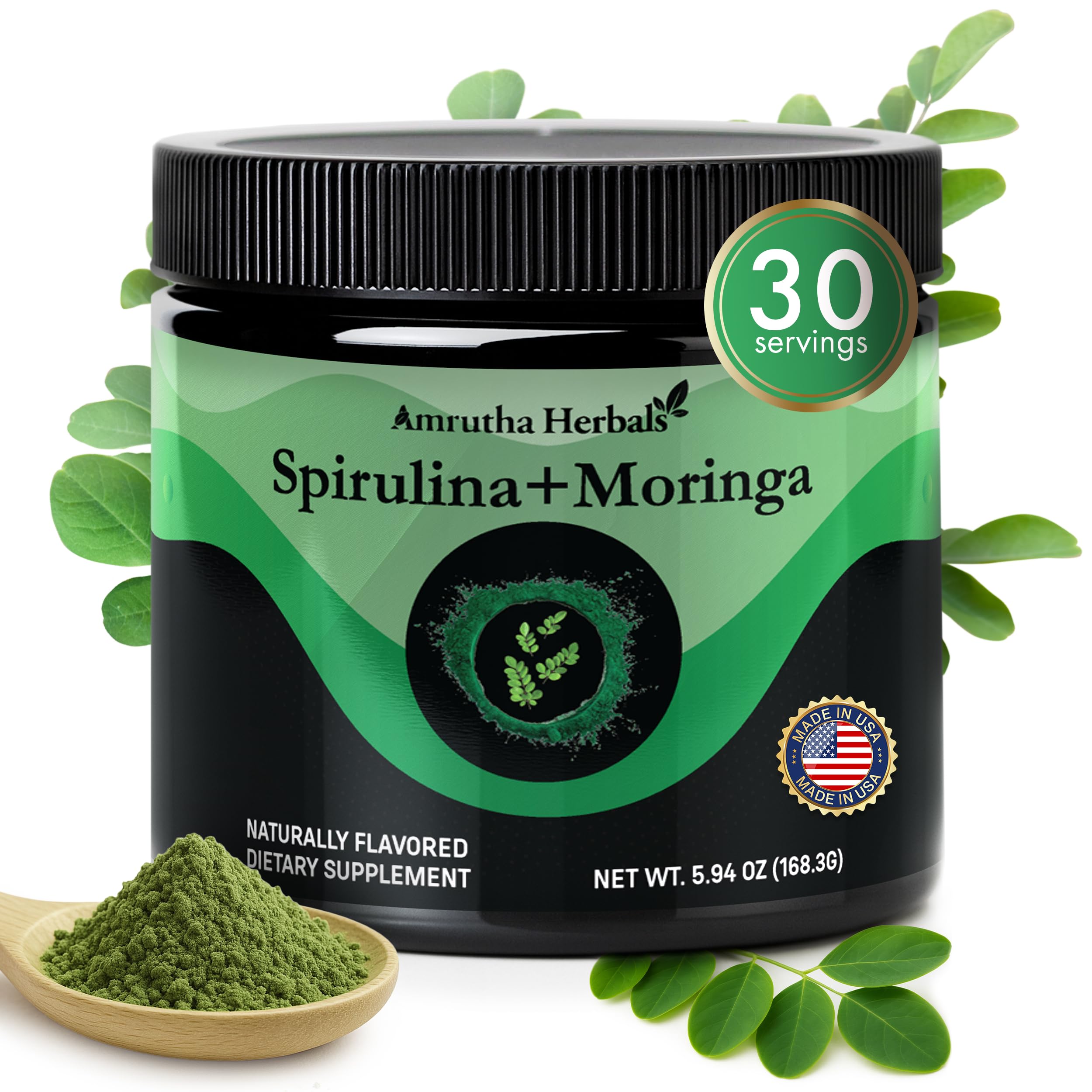 Amrutha Herbals frasco frontal mostrando envase resellable y marca