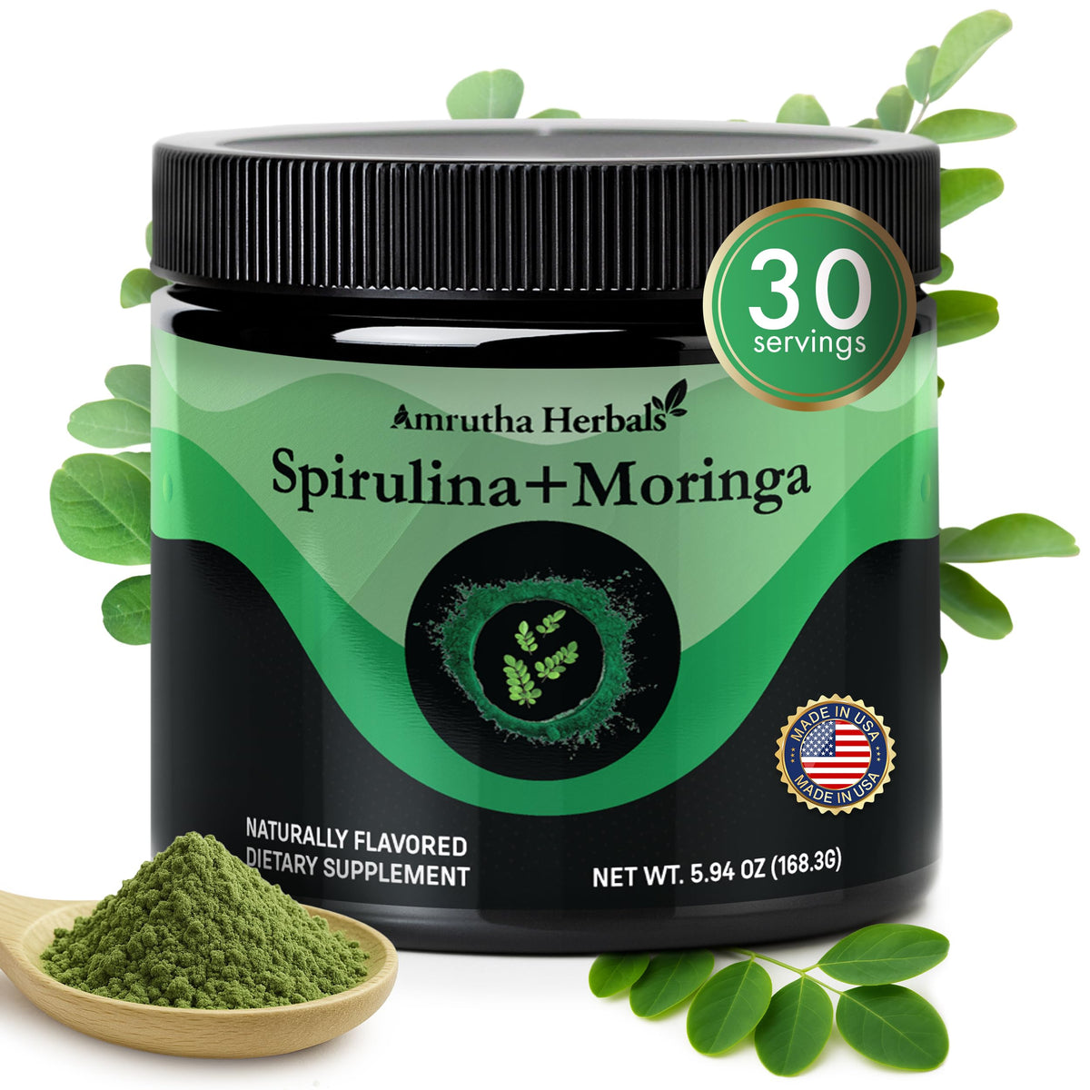 Amrutha Herbals frasco frontal mostrando envase resellable y marca
