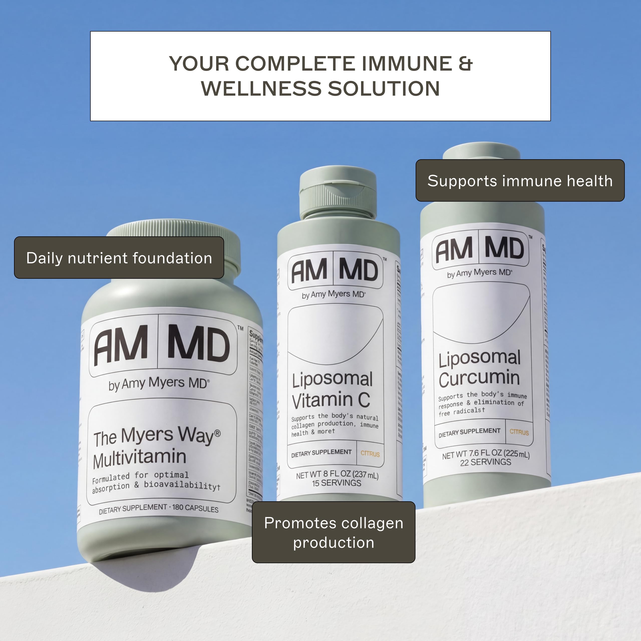 Amy Myers MD botella con ingredientes naturales sugiriendo formulación limpia y AIP friendly