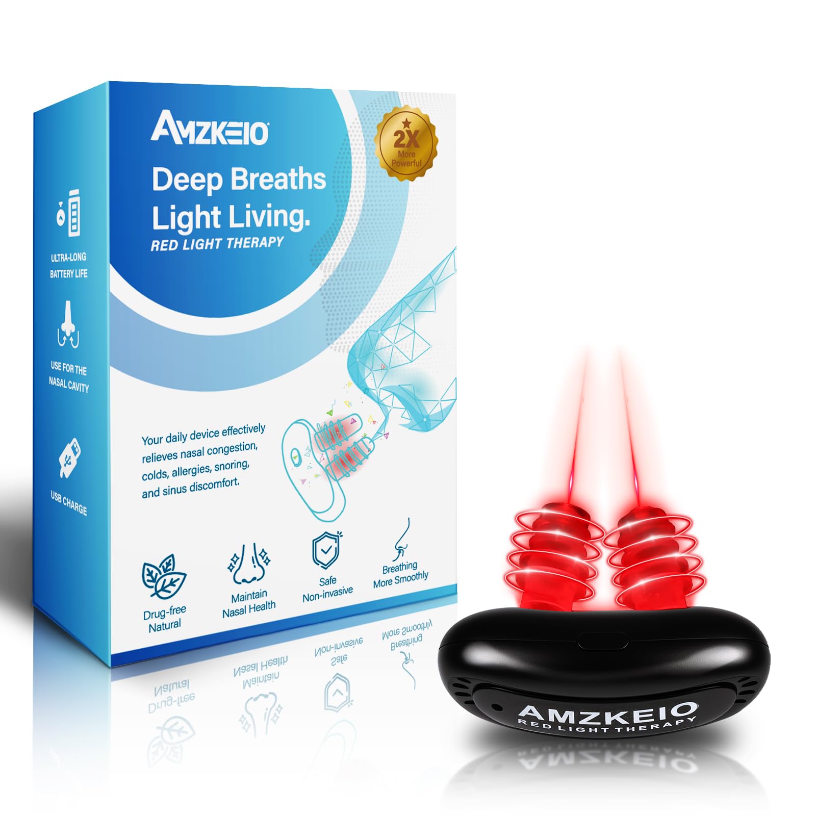 AMZKEIO dispositivo nasal frontal mostrando diseño compacto y control sencillo