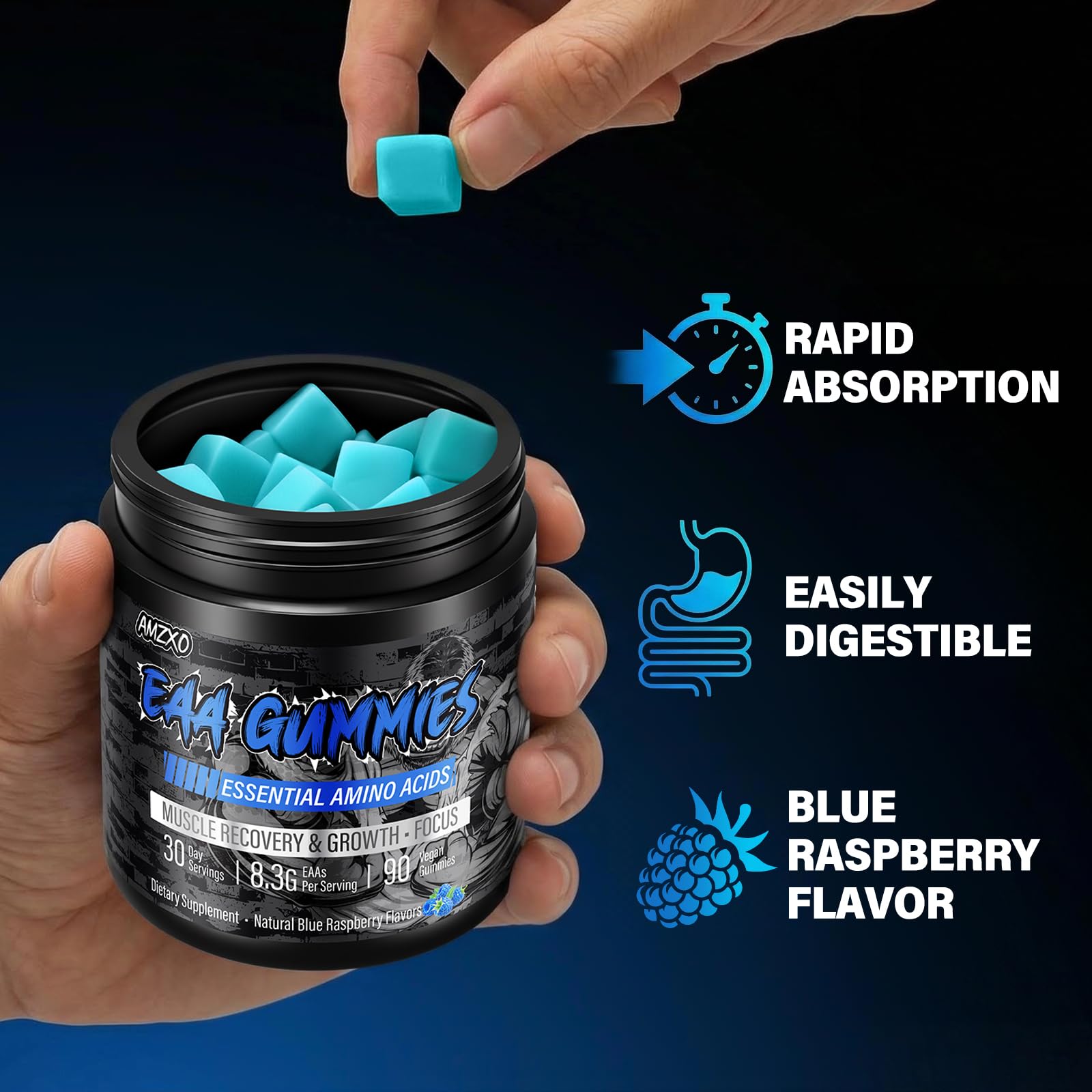 AMZXO etiqueta nutricional visible con información de 8300 mg por porción