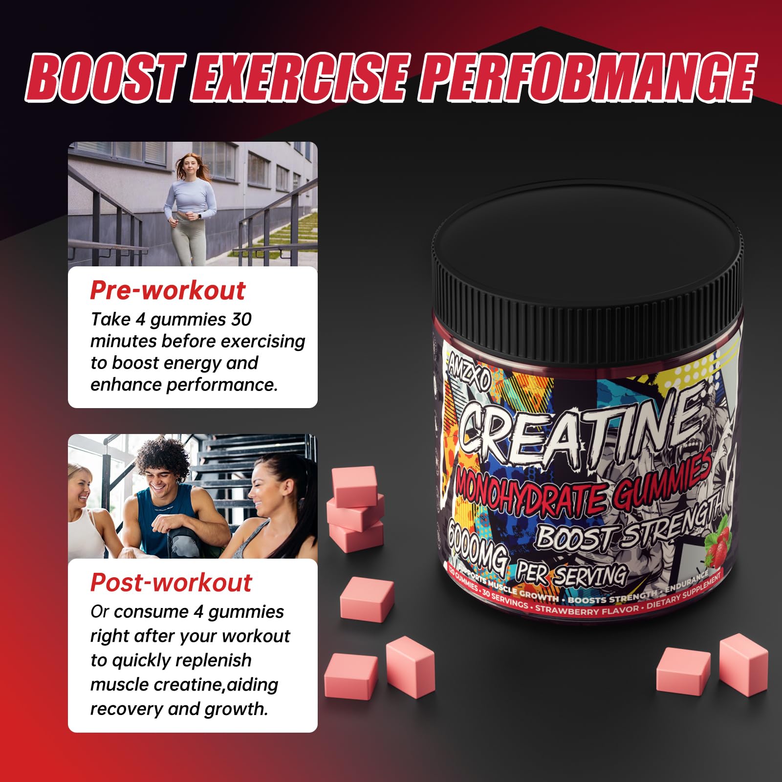 AMZXO gominolas junto a equipo de gimnasio para energía pre entreno