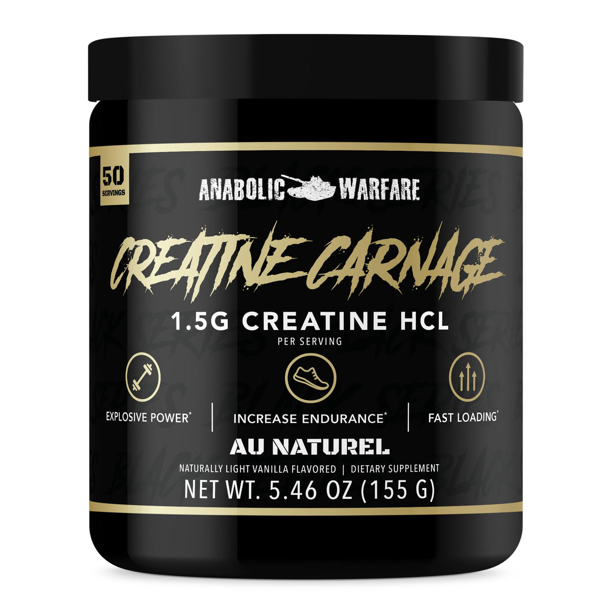 Anabolic Warfare creatine carnage vista frontal del envase mostrando fuerza y marca