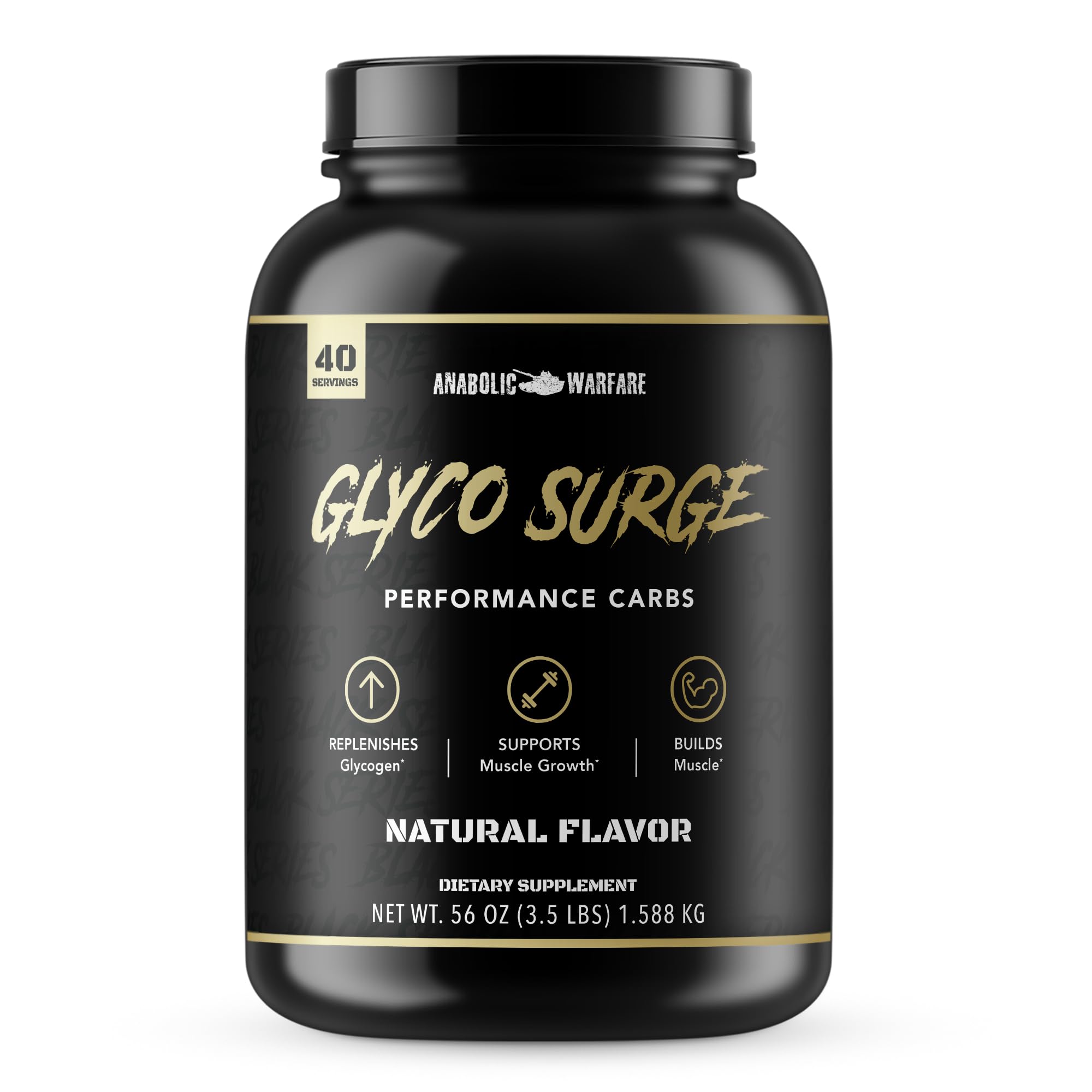 Anabolic Warfare envase frontal mostrando etiqueta y beneficio de recuperación rápida