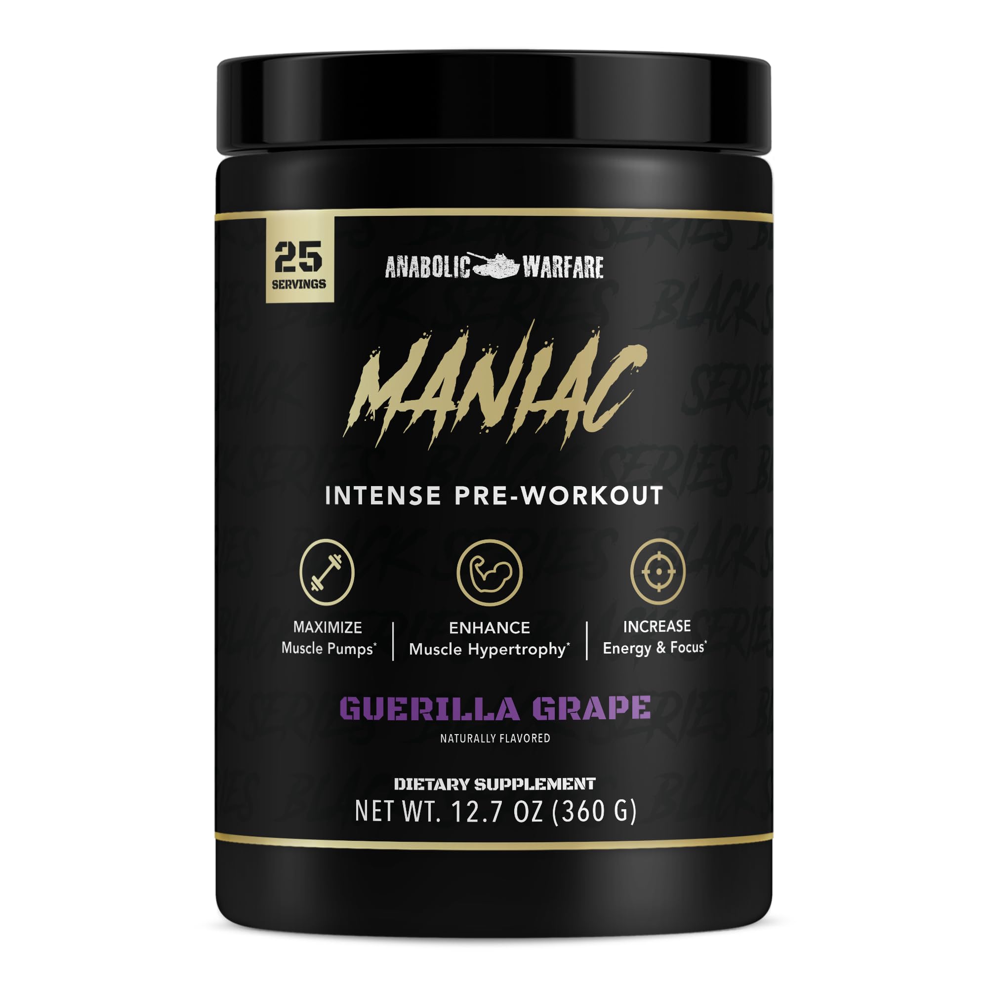 Anabolic Warfare Maniac frente del contenedor mostrando diseño y beneficio de energía