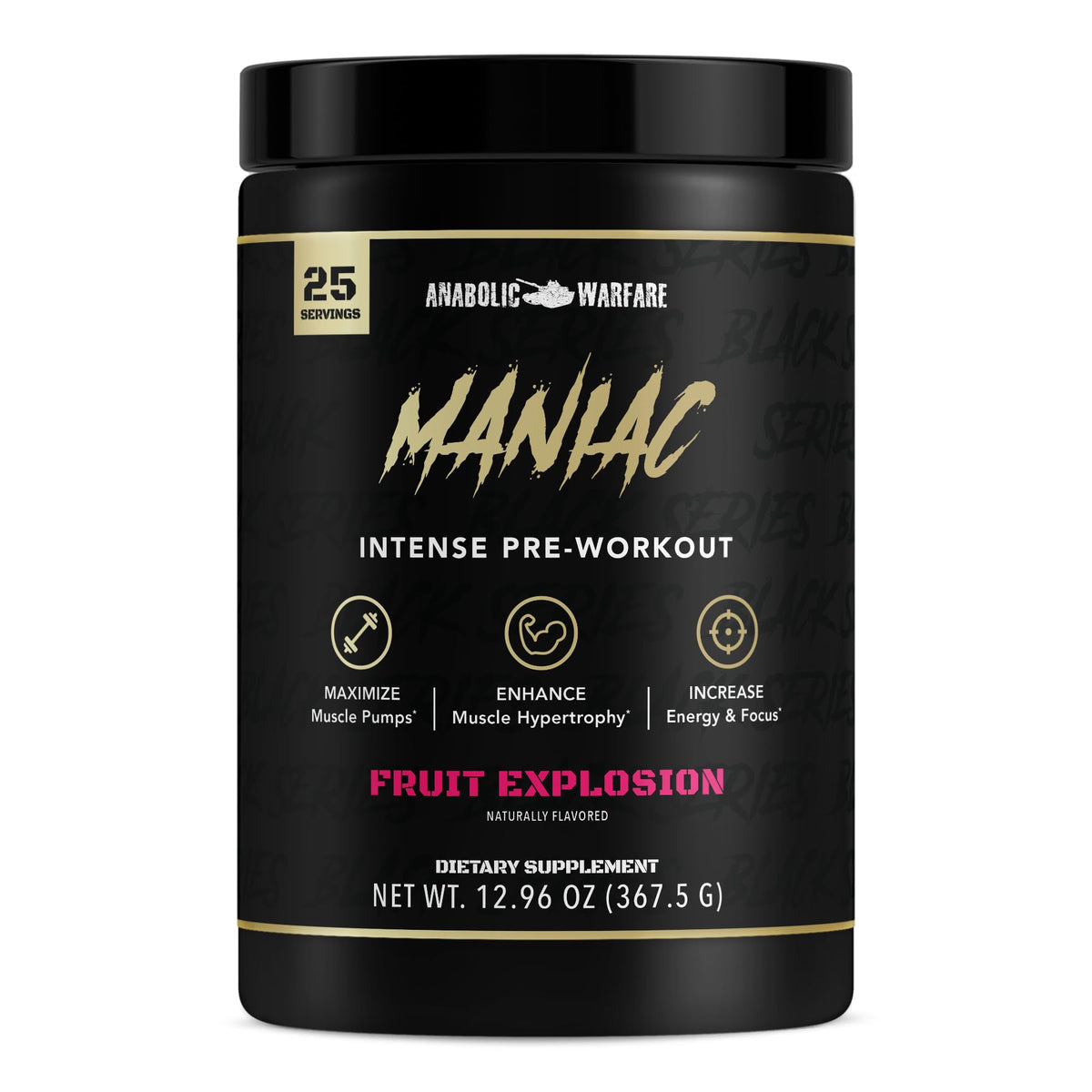 Anabolic Warfare maniaco frente del envase muestra diseño y beneficio energético