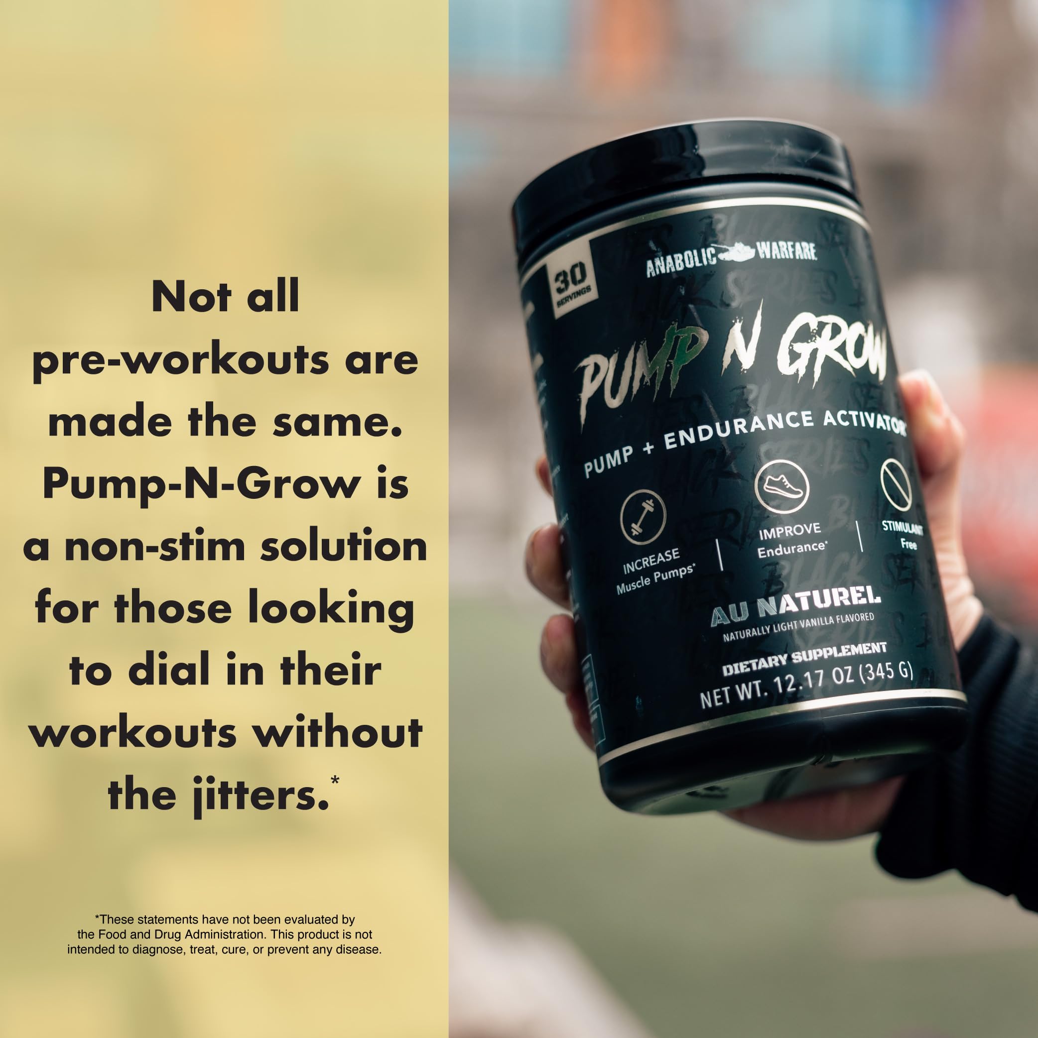 Anabolic Warfare en entorno de gimnasio, ilustra uso pre-entreno sin estimulantes