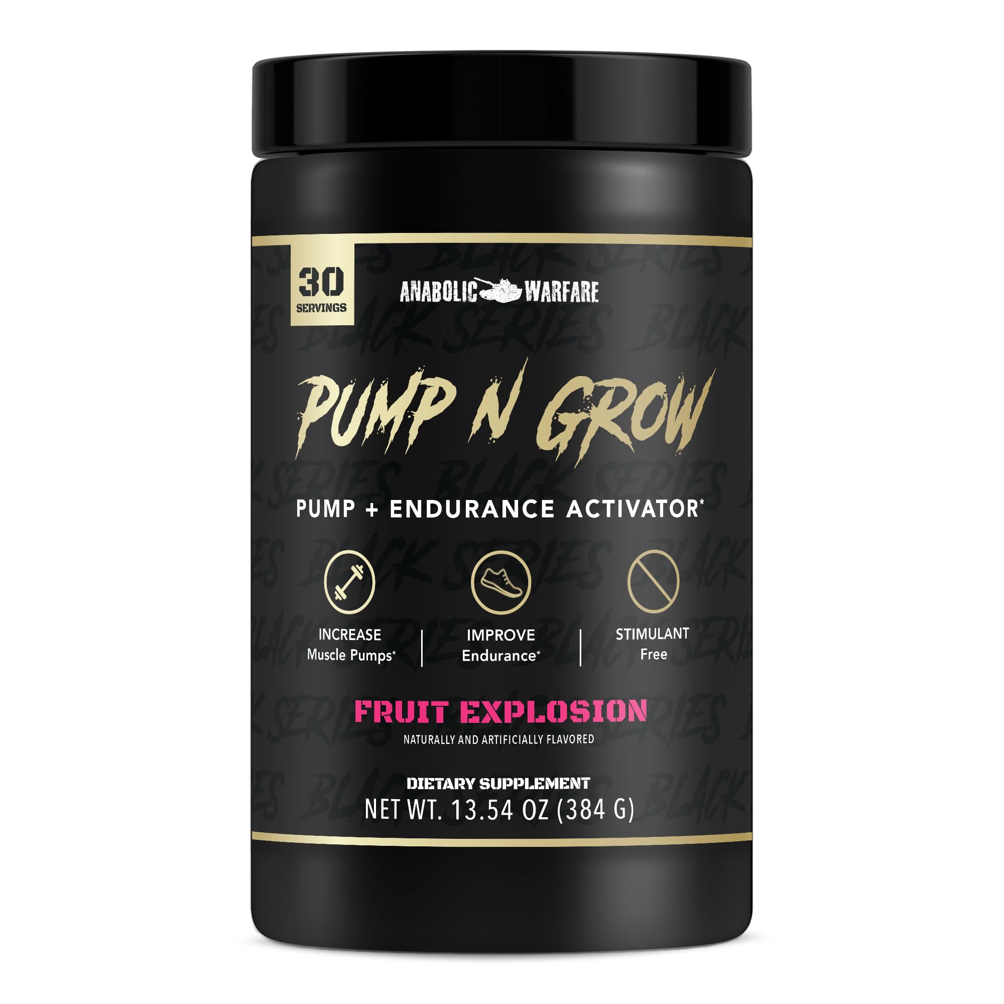 Anabolic Warfare envase frontal mostrando diseño y sabor Fruit Explosion, promueve confianza