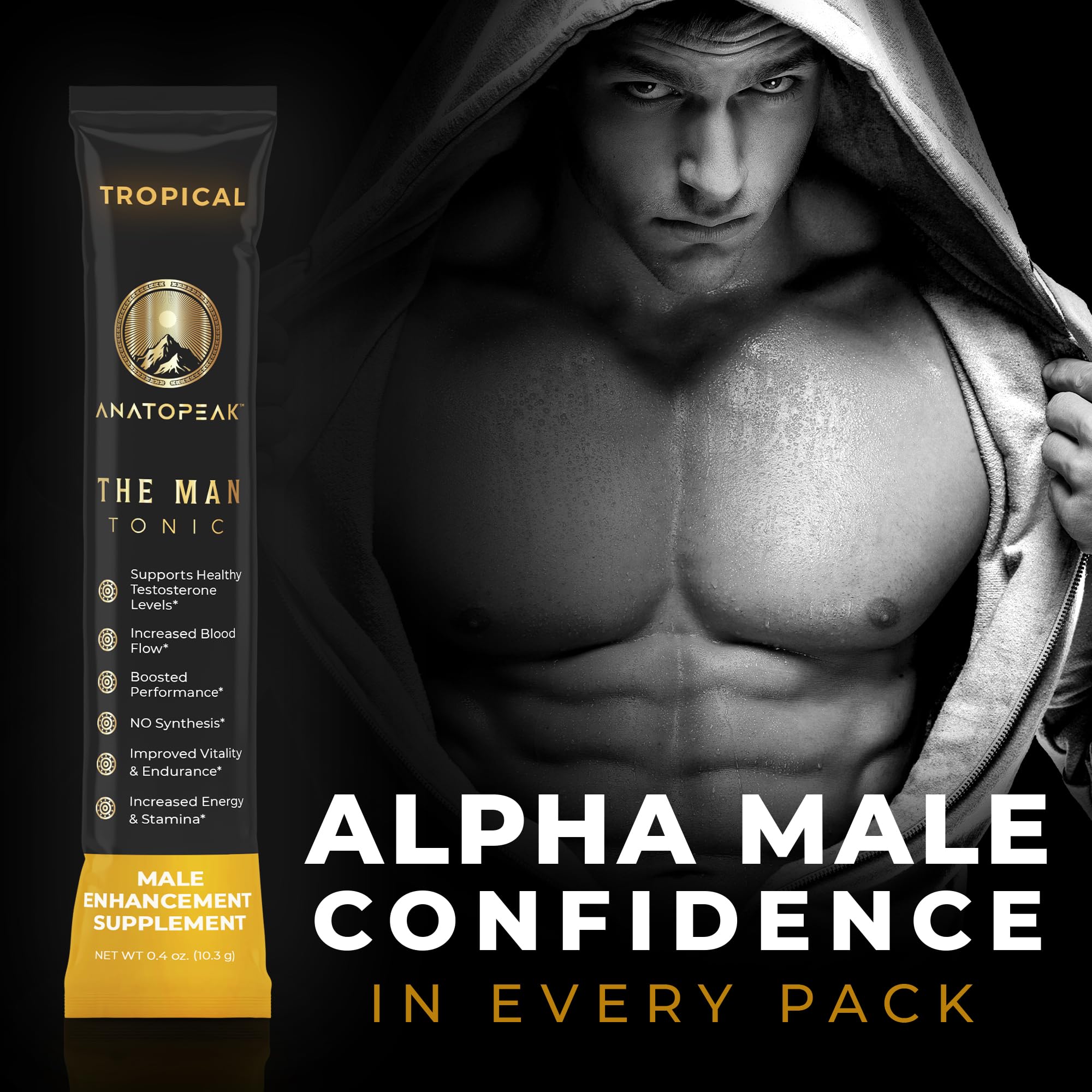 ANATOPEAK Man Tonic con comparativa de escala junto a una botella para visualizar tamaño real del kit