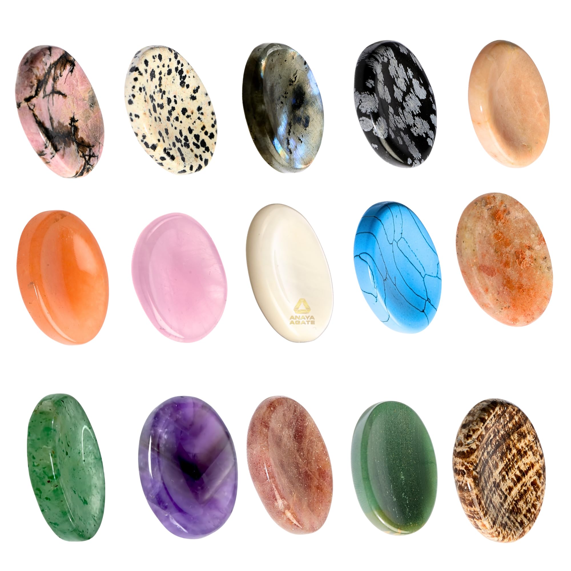 ANAYA AGATE vista frontal del paquete de 12 worry stones y bolsa, ideal para regalo