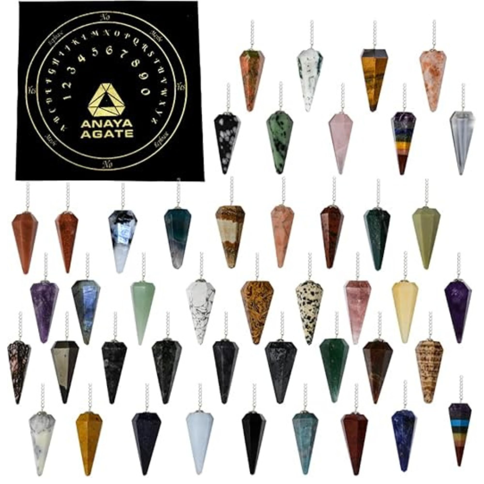 ANAYA AGATE vista frontal del pack de 11 péndulos con tablero mostrando variedad