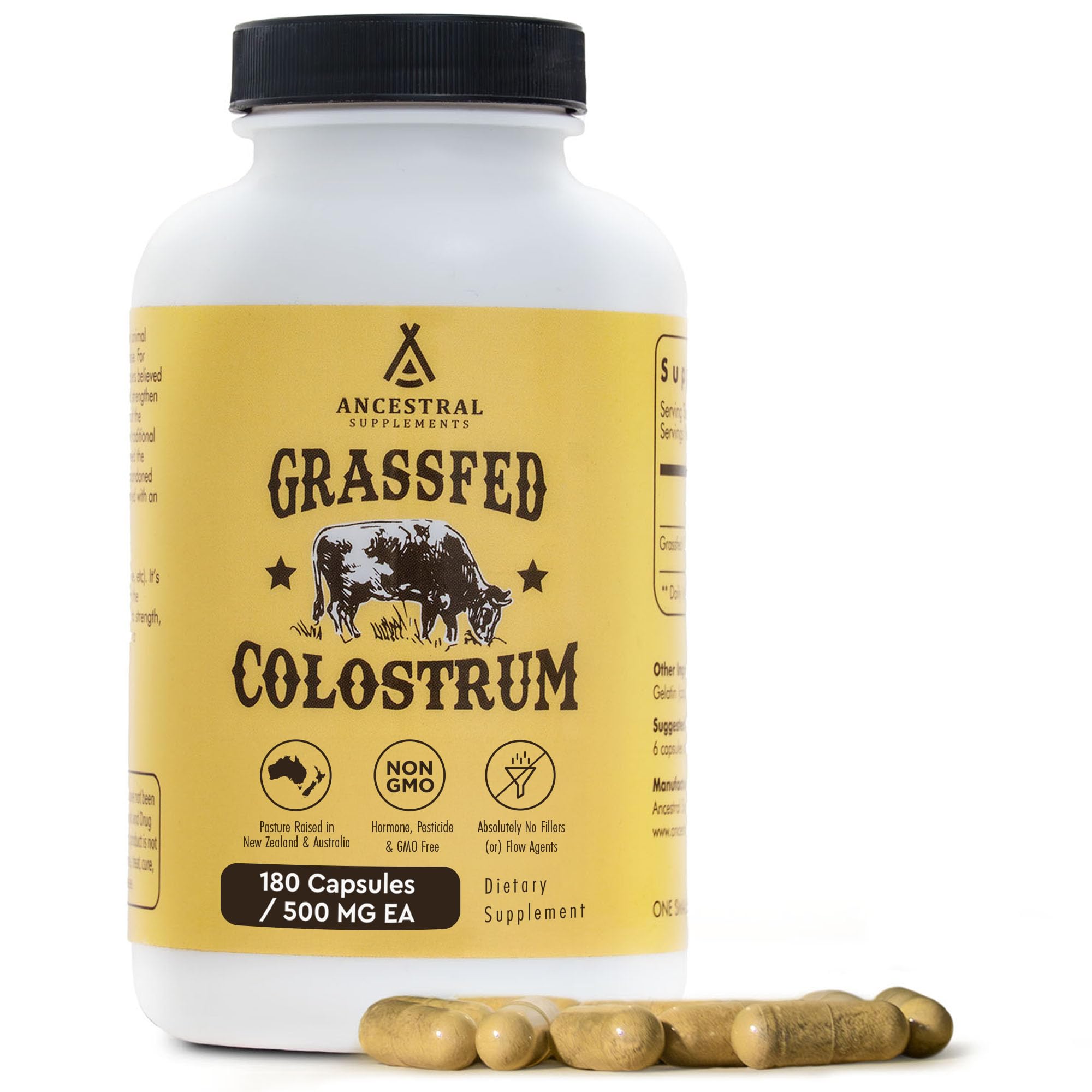 Ancestral Supplements frasco frontal del colostro presentando 180 cápsulas y etiqueta clara