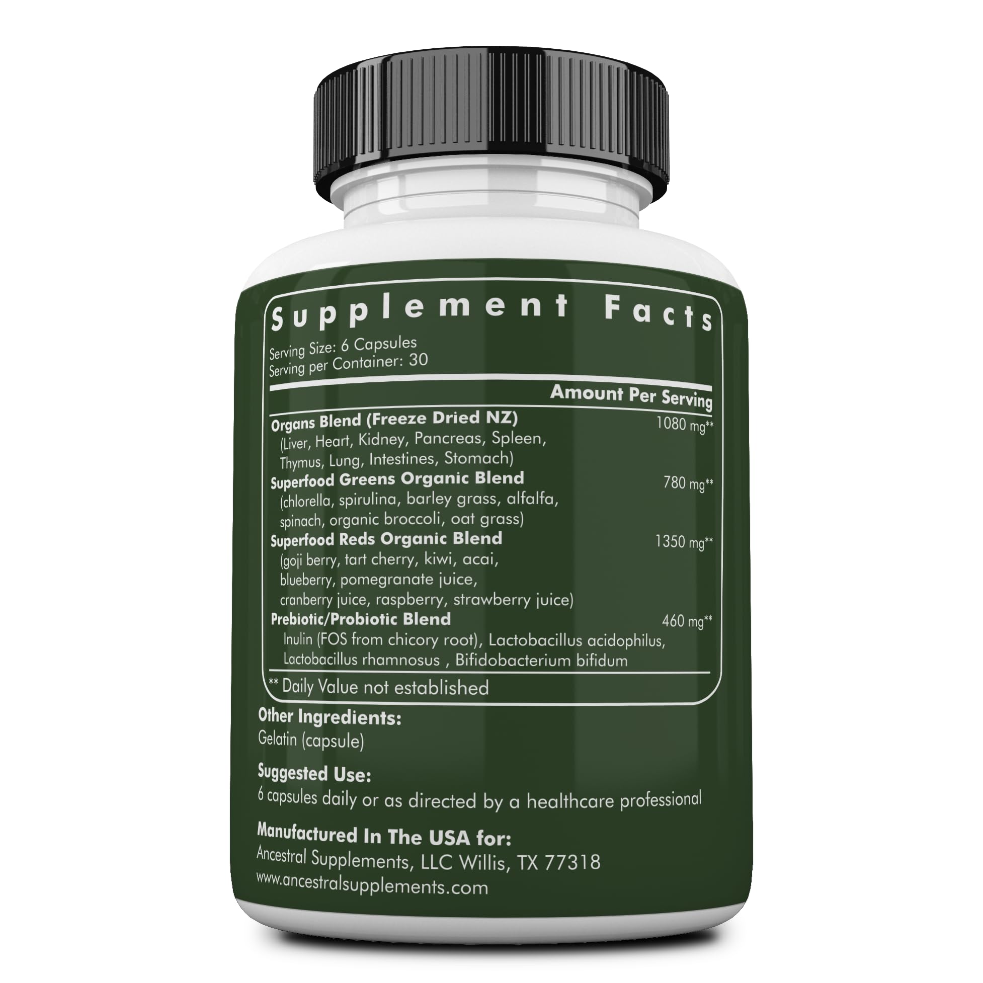 Ancestral Supplements primer plano de cápsulas que muestra la textura y pureza