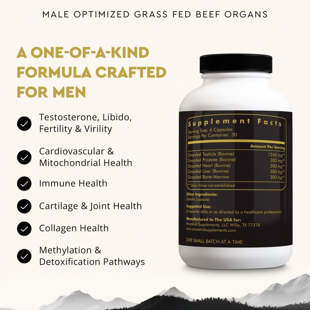 Detalle de la etiqueta Ancestral Supplements con lista de órganos y beneficios claros
