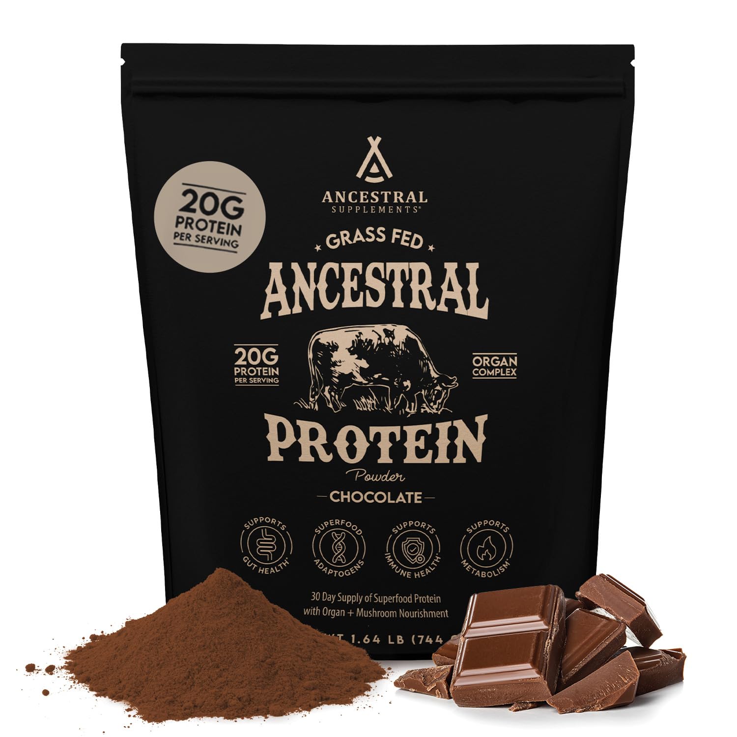 Ancestral Supplements envase frontal chocolate mostrando 30 porciones y beneficios