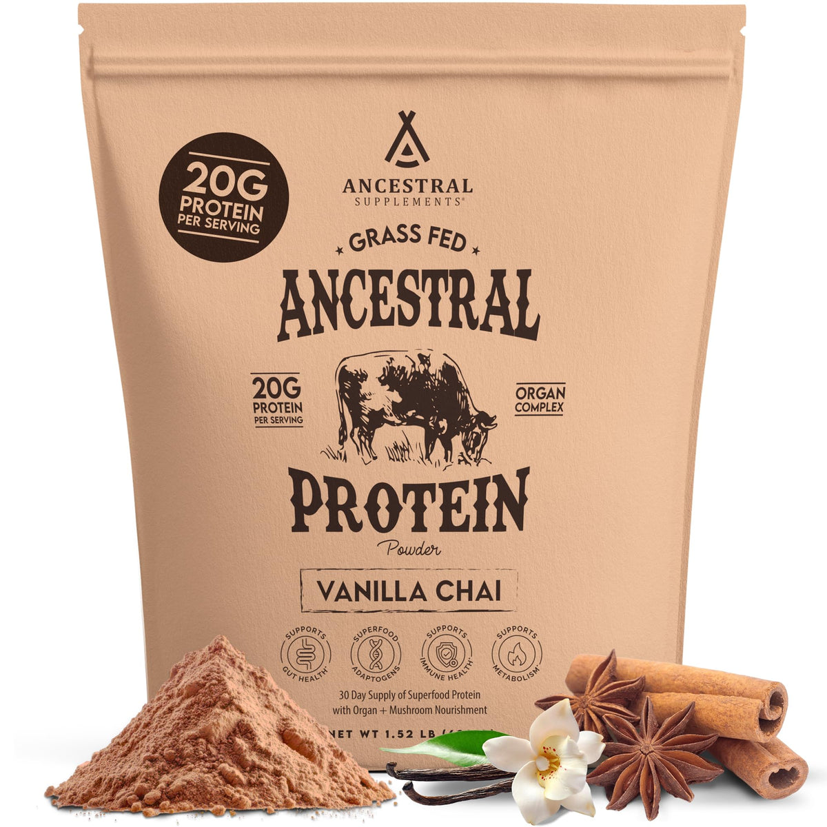 Ancestral Supplements frasco frontal mostrando etiquetado y beneficios visibles