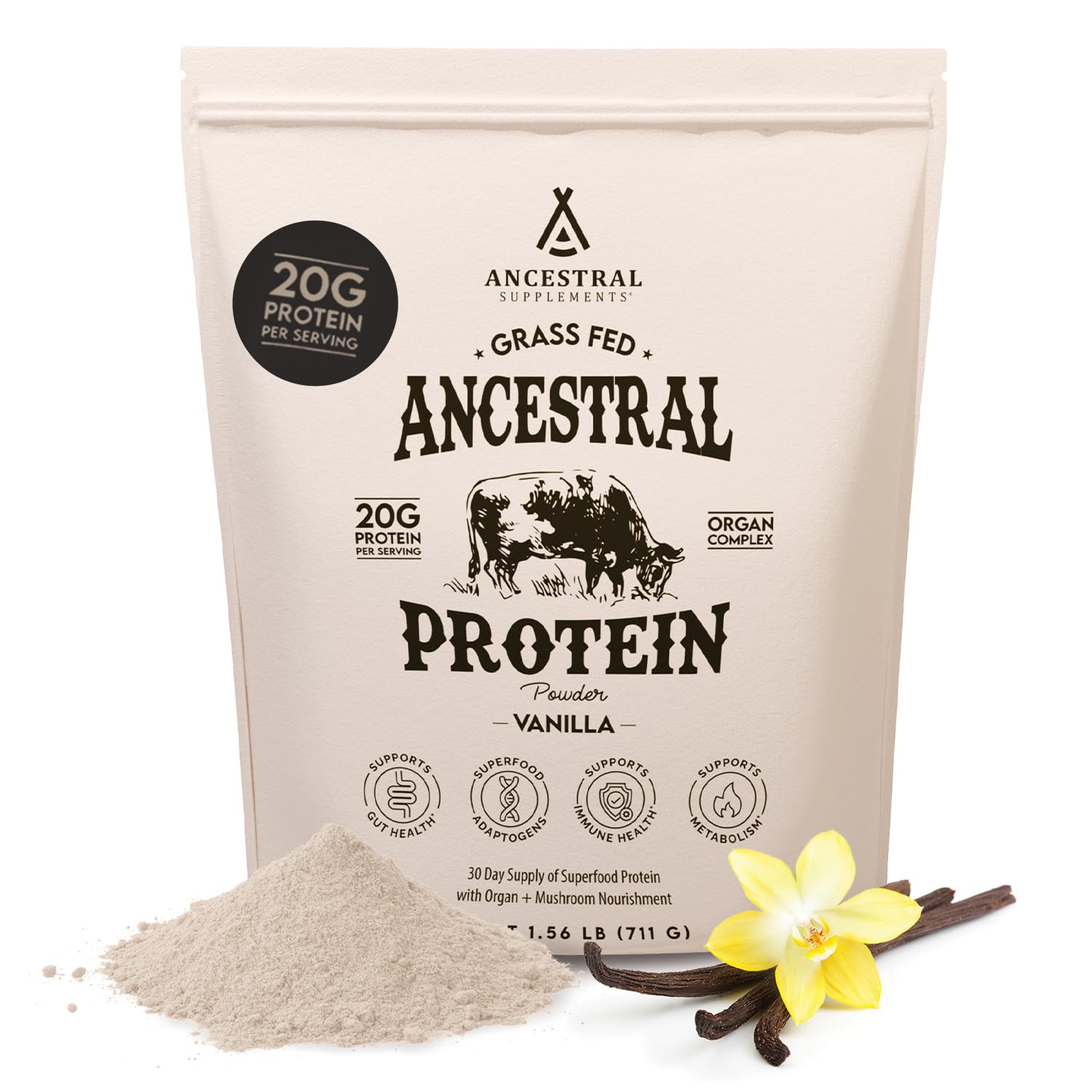 Ancestral Supplements envase frontal que muestra vainilla y 30 servicios para uso diario