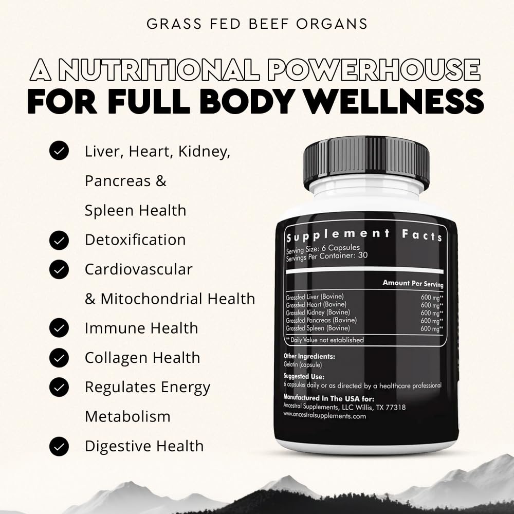 Ancestral Supplements frasco abierto con 180 cápsulas visible para durabilidad
