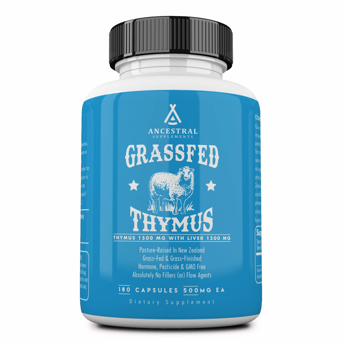 Ancestral Supplements envase frontal mostrando cápsulas y etiqueta, calidad grass-fed