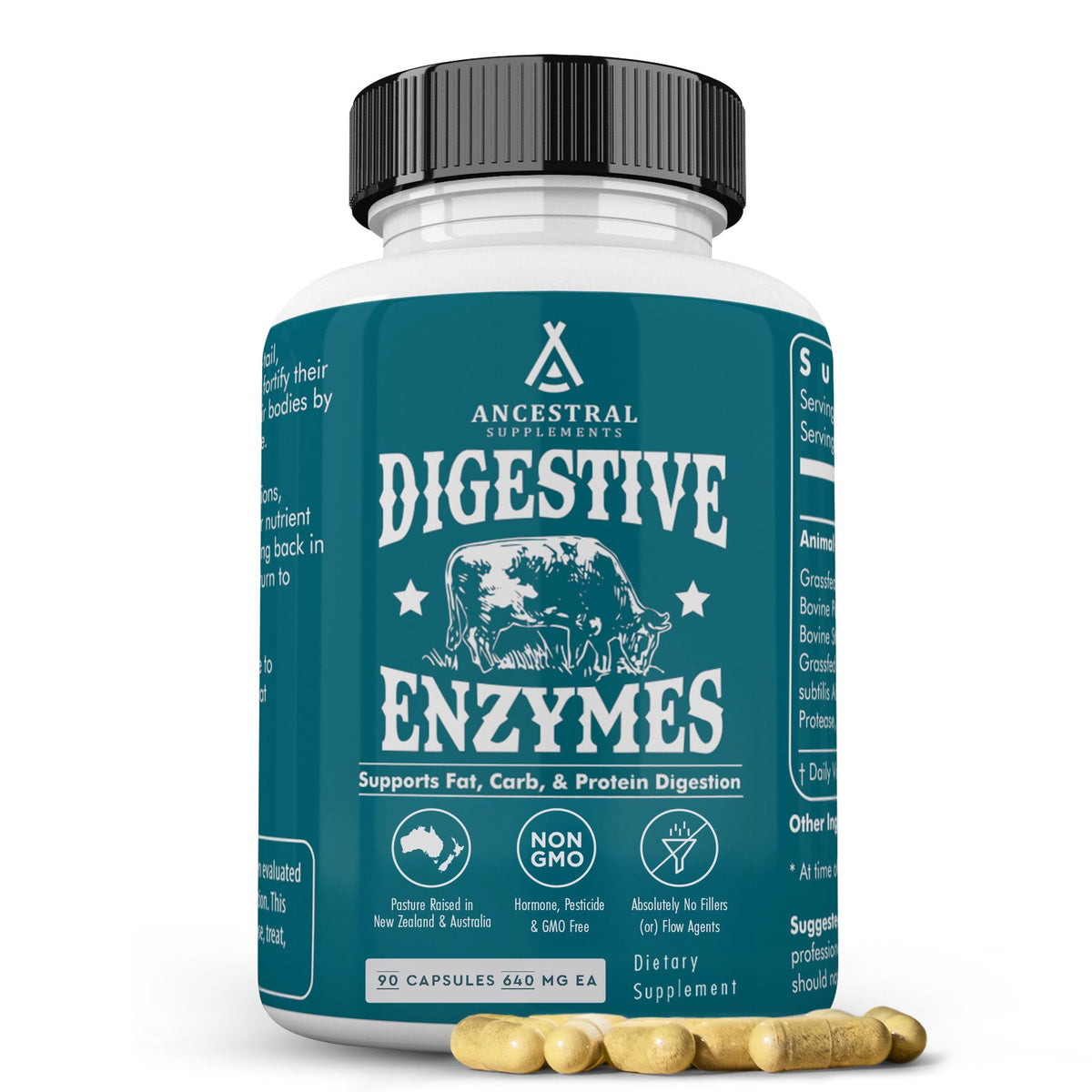 Ancestral Supplements envase frontal mostrando producto y beneficio de soporte digestivo