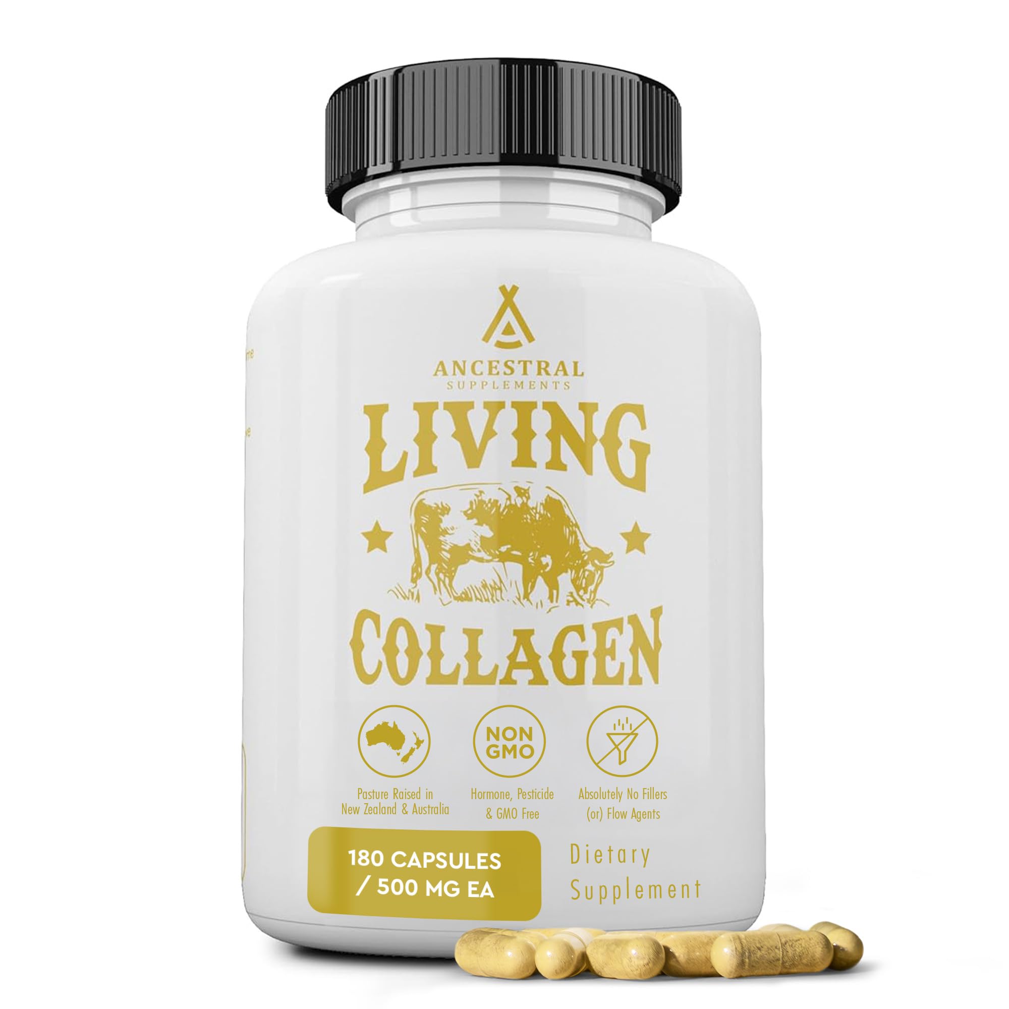 Ancestral Supplements frasco frente mostrando cápsulas y diseño, confianza en calidad